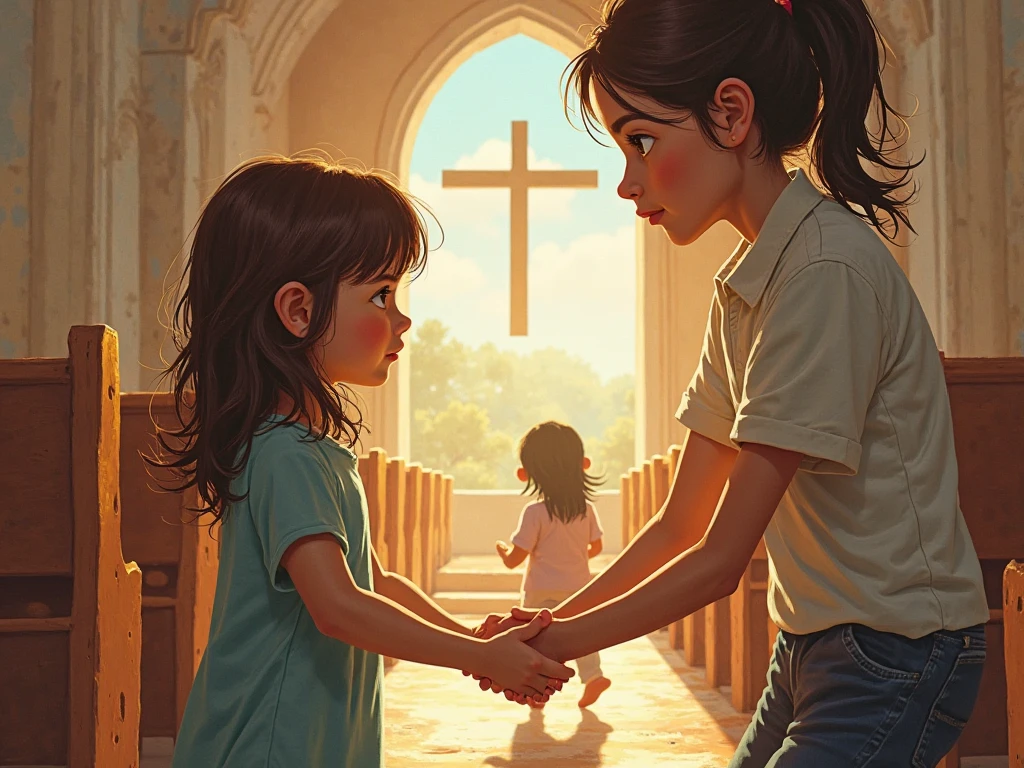 A church mother brings a chair to the small girl standing near a big podium..... who is so small compared to the podium