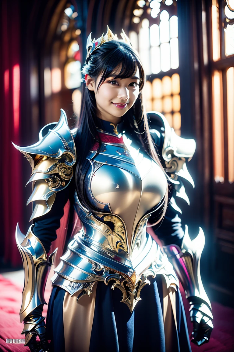 20 year old Japanese beauty,Slim and cute、Bulge of lateral breasts、Slit eyes、A head-to-toe view,Bust is very very large、The background is a European castle、High quality photos、Clear, crisp images of the lower body、Masterpiece 8k、Smiling、A female knight in transparent armor、I have a mushroom in my hand