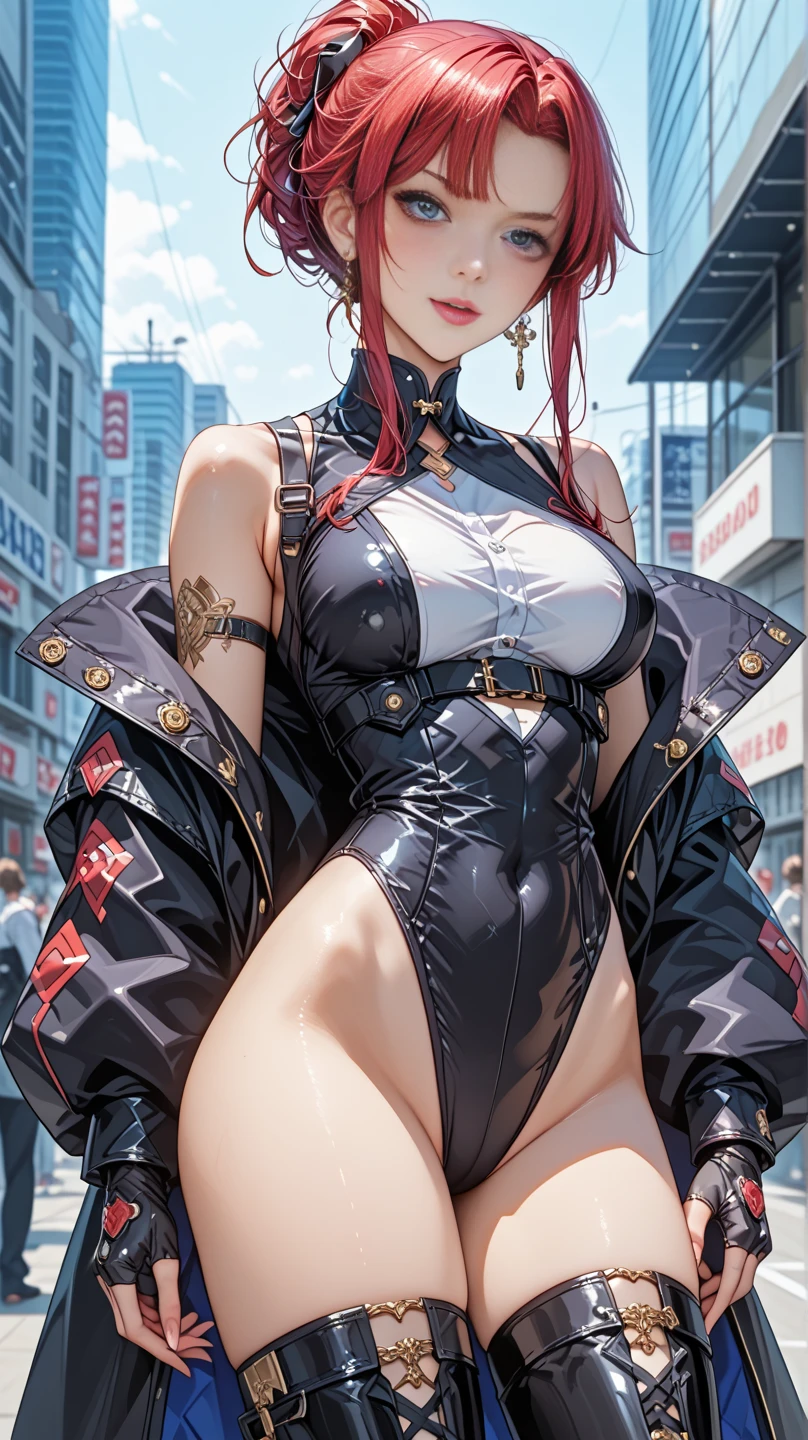 Thynasha,dark green hair,long hair,side (ponytail:1.3),hair between eyes,bangs, (red beret, black jacket, open clothes, cleavage, midriff, black shorts, black thighhighs, thigh strap, fingerless gloves, single glove:1.2), Photo,sharpness, F1.6 lens,hyper-realistic textures,spectacular light textures, Cinestil 800 Fashion Mechanics,(((Beautiful woman with left leg restrained and hung by chains))),Appearance,Beautiful girl with accentuated slender abs: 1.1,six-pack abs: 1.1, Bust Botox,Standing on tiptoe, long legs,Long brown hair fluttering in the wind,Brown hair, Long hair, Female Warrior Costume,(No panties,No bra),(tacticul battle fashion,elbow and knee tacticul battle fashion, battle glove: 1.1),((cute batre costume)),The belly comes out and the navel is visible,Thin sheer costume, combat gloves,shredded costumes,cyber long combat boots with golden knee pads,Anatomical,(futuristic sci-fi battle fashion, new elbow and knee cyberpads, new cyberlong boots, new cybergloves: 1.1),(tied perfectly by iron chain), Restraint, Slave, collars, contempt, (Chained), 4 chains hung from heaven, Metallic shackles and fetters, wet crotch clearly visible,((Hands are restrained above the head)), the neck is chained,Chain from left knee to heaven,Chained by rusty iron chains,((the tip is protruding, areolas protruding,The shape of the pubic harearea is clearly visible:1.2)),Sweating,Wet,Wet crotch,Wet thighs,Junkyard, Realistic, (cute, perfect clothes, skimpy clothes, cute: 1.3) ,Vast miritary base in us,((wide mirtary hospital with summer sunlight)), peeling ceilings, Rebar between, Realistic material details, Extreme details, Ultra-realistic materials,narrow waist,(with sparkling eyes and a contagious smile:0.9),looking at viewer,
