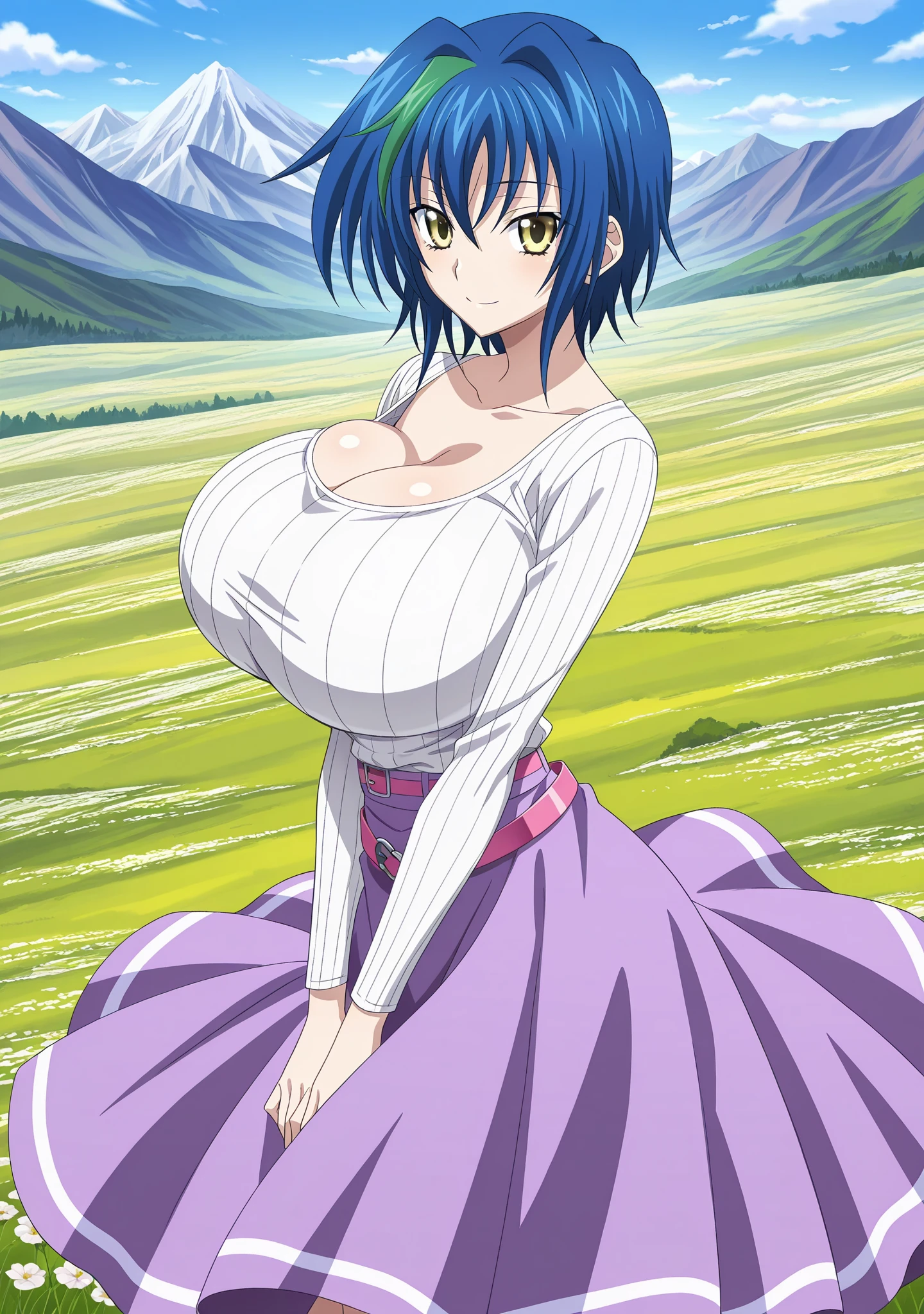 masterpiece, absurdres, 1girl, hinata\(shippuden\), solo,headband around neck, looking at viewer,floating hair, wind,blush,large breasts,flower field, shy, blue sky, cloudy sky, wariza, sitting,  hand on own chest, bare legs, alternate hairstyle, side ponytail, sleeveless, revealing dress, silver dress,
 <lora:Hinata[Shippuden]:0.8><lora:more details:0.2> <lora:Realhandsv1.0:1>  <lora:revealing_dress_v0.1:1>