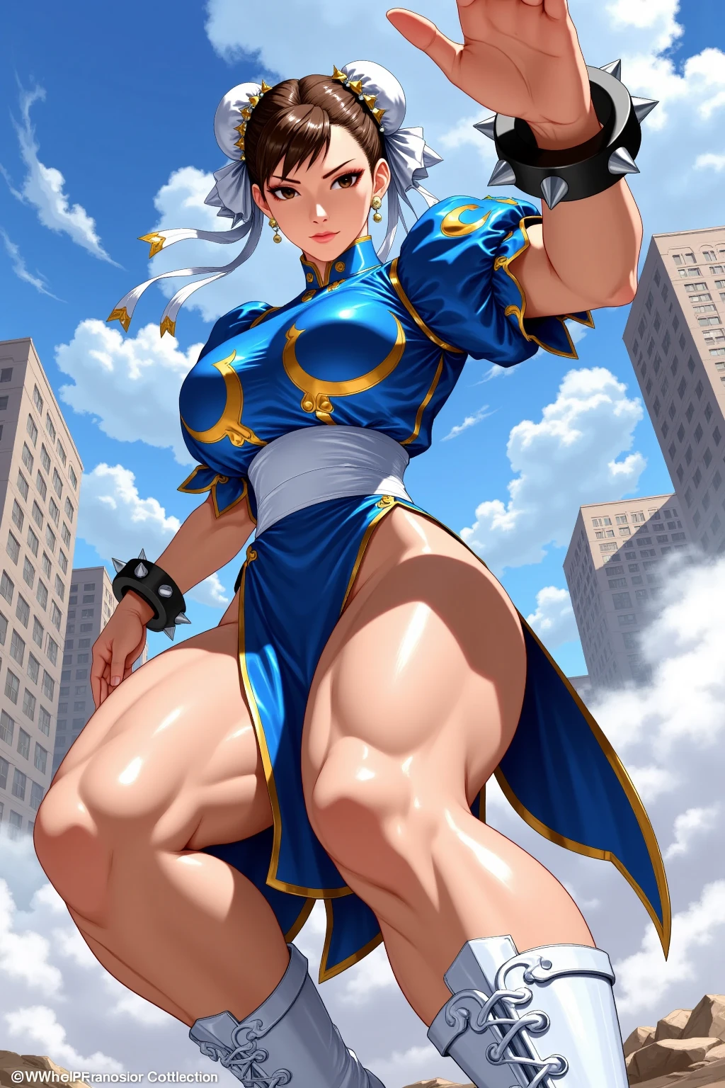 (master piece,top-quality, masterpiece, The ultra -The high-definition, Top resolution), (Sticking Out Your Crotch:1.3), Spread your legs, Looking down:1.2, (Woman with beautiful anime face:1.2), (very detailed face and eyes:1.1), (From below:1.31), (bulge in the crotch area), (Solo Lady), a matural female, (huge-breasted:1.4), (bbw:1.1), Curvaceous physique, (((Clothes made of shiny latex material))), short-cut, (sky blue hair:1.5), (8 0 s anime art style), stage lighrt, White and pink bikini, See-through boots, Aoi, Slim white waist belt, (Angry look), ((Jump and attack with kicks from the air:1.4))