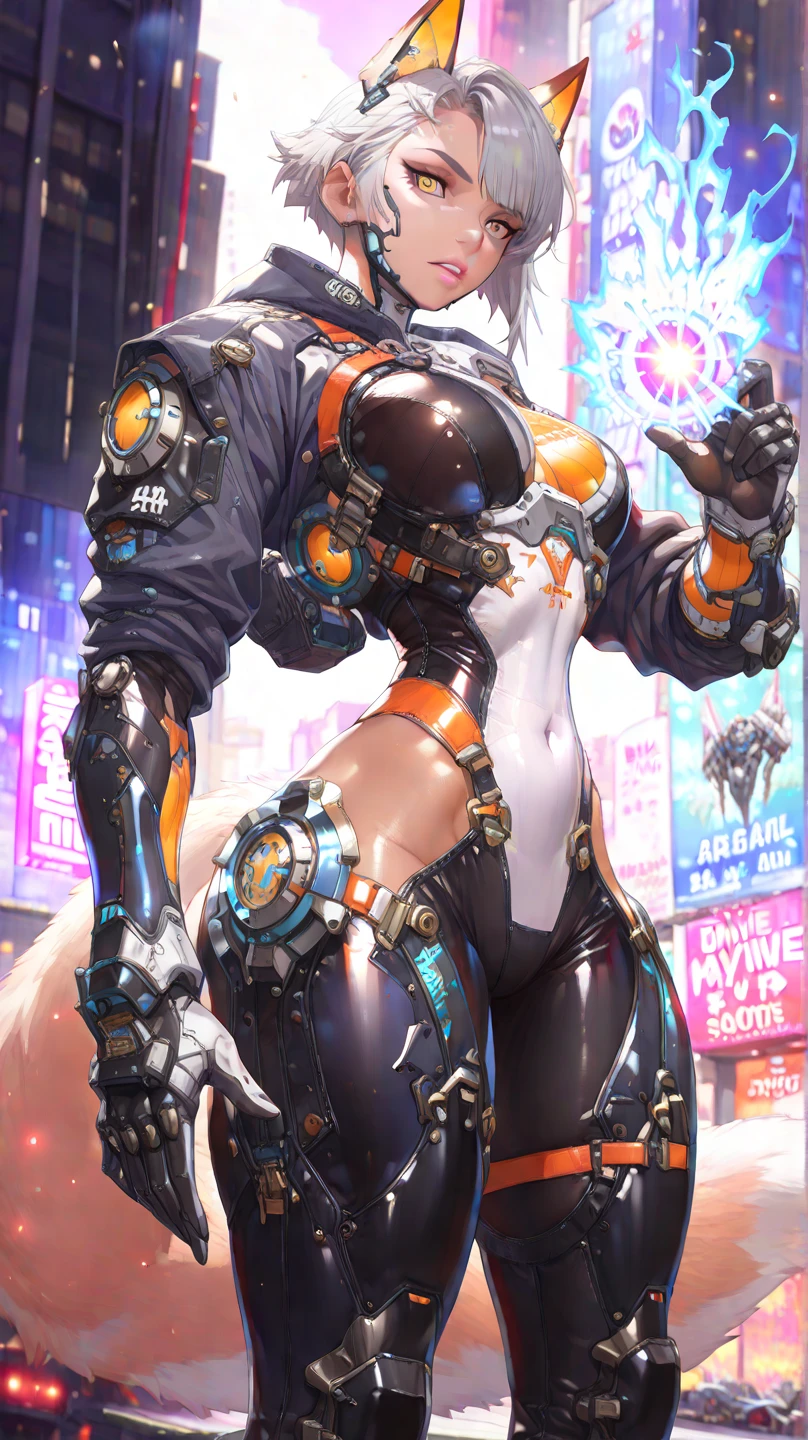 best quality,4k,8k,highres,masterpiece:1.2),ultra-detailed, extremely detailed eyes, extremely detailed body, (large masterpiece digital art), (detailed manga illustration), (detailed line art), ((perfect anatomy)), high quality, expressive eyes, full body, tall girl, detailed face, beautiful face, perfect face, breasts, cleavage, gloves, A photograph of mid-twenties Japanese female android made of shiny white and silver translucent glass and plastic, geisha makeup and hairstyle, silver metal internal body mechanisms, dynamic pose, flowing organic construction, glowing golden circuitry, colorful neon trim, glowing circuitry, neon trim, depth of field focus f/2.8, art by H.R. Giger, Greg Rutowski, bodysuit, thick thighs, toned, emblem, cinematic lighting, dynamic lighting, 4k resolution, dynamic pose, weapon, energy weapon, cover, mecha musume, fortified suit, mechanical parts, headgear, robot joints, bodysuit, deva battle suit, gloves, Atey Ghailan, Jeremy Mann, Greg Manchess, Antonio Moro, trend in ArtStation, trend in CGSociety, Intricate, High Detail, Sharp focus, dramatic and photorealistic painting art by Midjourney and Greg Rutkowski, Jeff Bridges, ((cartoon style)), Marvel Cinematic Universe style,