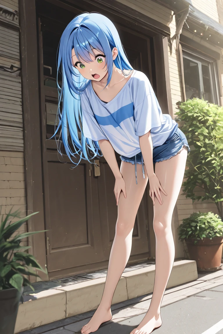 a matter of fact, daytime, sunlight, 1 woman, 8K resolution, ponytail, blue hair, blue eyes, glowing eyes, white short skirt, Blush, track field, sunlight, Strapless shirt, Wet from the rain, seethrough, Sit with your knees raised, Spread your legs, M leg, pussy, laugh, the skirt is blowed up, highest quality, High resolution, highly detailed face, perfect lighting, Very detailed CG, (perfect hands, perfect anatomy), minami nanami, perfect figure, armpit