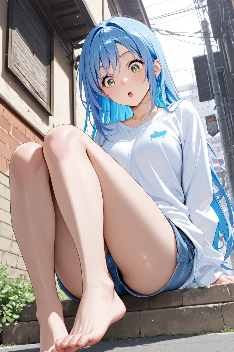 1girl, solo, (blue hair, blue eyes, long hair, bangs:1.0), (large breasts, biceps, triceps, muscular shoulders, muscular arms, narrow waist, petite:1.0), (white shirt, cleavage, bare shoulders, bare arms, bare legs, denim shorts, midriff peek, white shoes:1.0), light smile, indoors, full body,