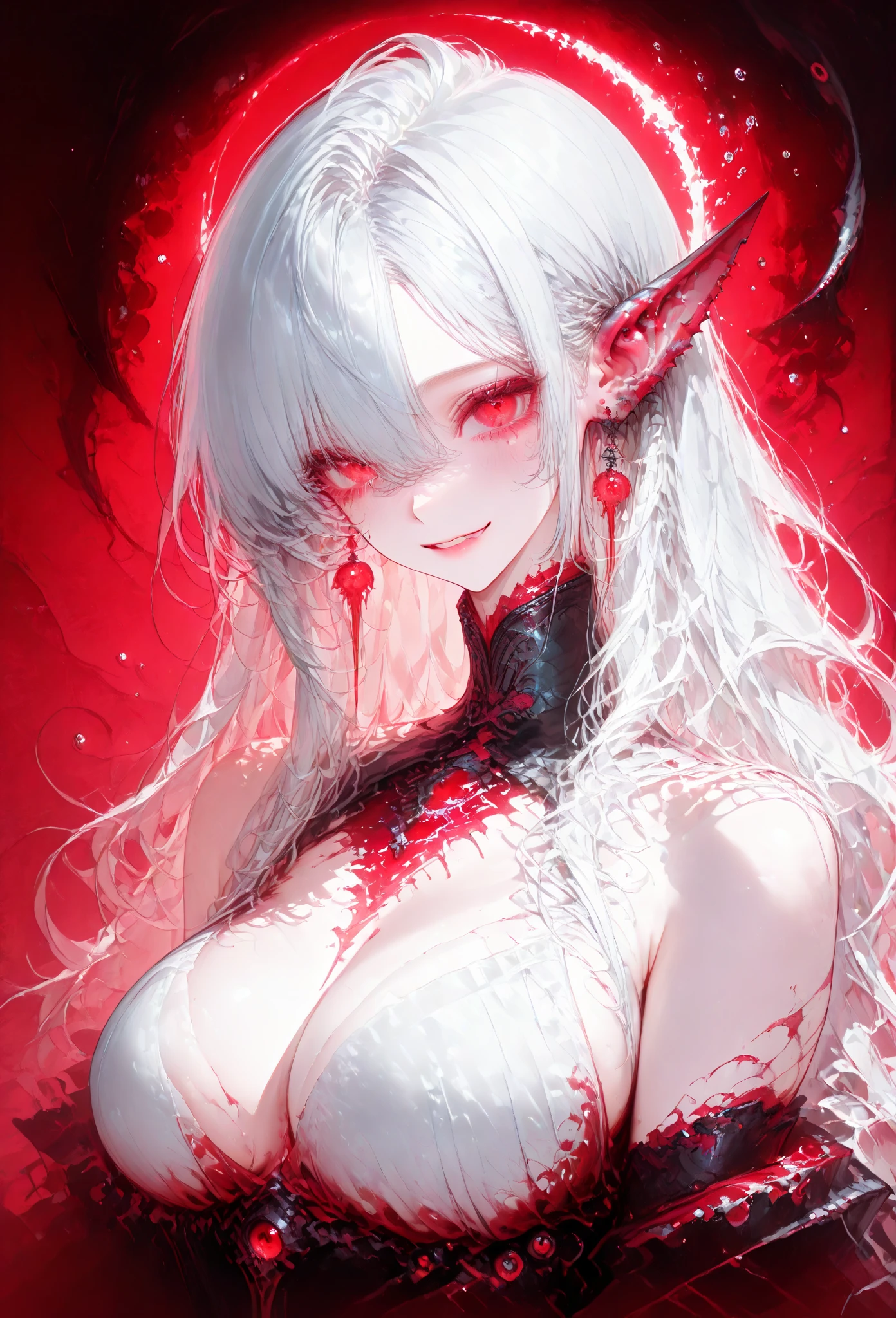 NSFW, BLACKLIGHT, realistic art, extremely delicate and beautiful, ultra-detailed, 1girl, white hair, vampire, yandere, creepy smile, (((eldritch Horror, skeleton, exposed Bone, bleeding, undead, rotting, ripped flesh, Blood, gore, creepy, scary, monster, evil, insane ))) glowing darl red eyes, floating, detailed light, illustration, dynamic angle, depth of field, ((((milf)))), Short Vampire girl, long hair, ((white hair, twin tails)), red vampire eyes, showing fangs, pale white skin, (ultra high res, best quality,), (8k, raw photo, best quality, masterpiece), technological sense, best quality, masterpiece, illustration,CG ,unity ,wallpaper, official art, Amazing, finely detail, an extremely delicate and beautiful,extremely detailed, highly detailed, sharp focus,rich background, (real person,photograph), ((high detailed skin))