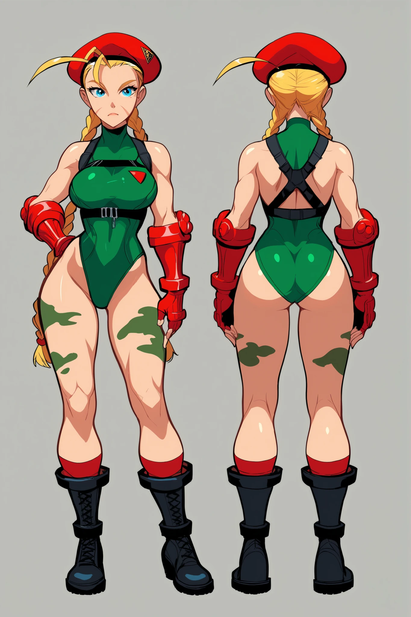 (Shadman art:1.2),((masterpiece)),(((best quality))),((character design sheet)), concept, poses, masterpiece, best quality, highres, 1girl, cammy white, twin braids, long hair, blonde hair, antenna hair, beret, military gear, (red headwear:1.3), blue eyes, scar on cheek, green leotard, large breasts, sleeveless, red gloves, fingerless gloves, camouflage, cowboy shot, standing, outdoors, arms at sides, straight-on, blank background ,chara-sheet