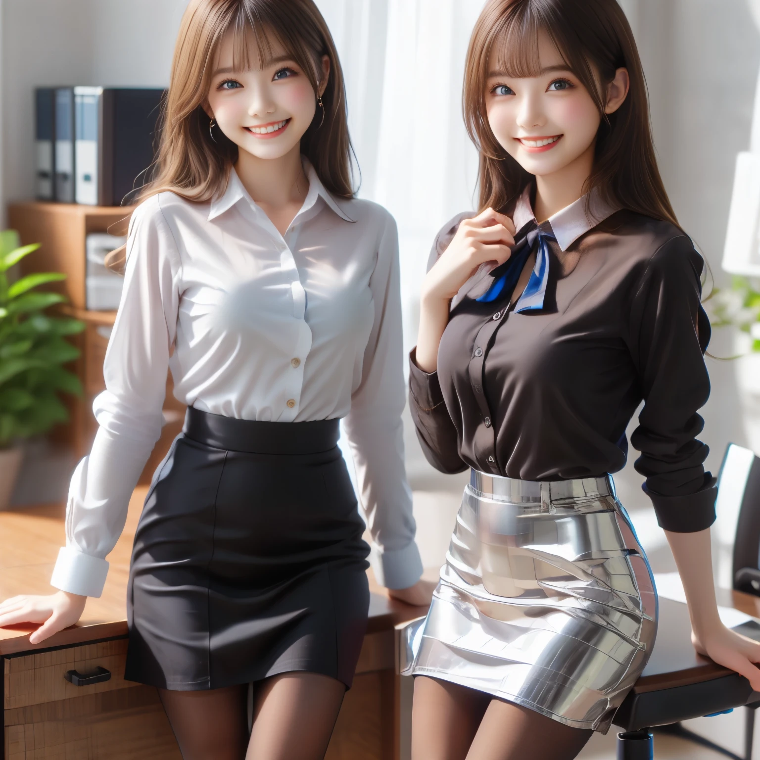 (masterpiece,best quality: 1.4),(8k,raw photo,photo realistic:1.2),shiny skin, detailed skin,detailed face,detailed eyes,Japanese idol,beautiful face, Company, glass office, business desk, business chair, computer, one beautiful girls, well-dressed face, (wavy hair ,silver hair), ribbon, (Business shirt, pencil skirt, pantyhose:1.2), pumps, (happy smile:1.3), (sitting in business chair)