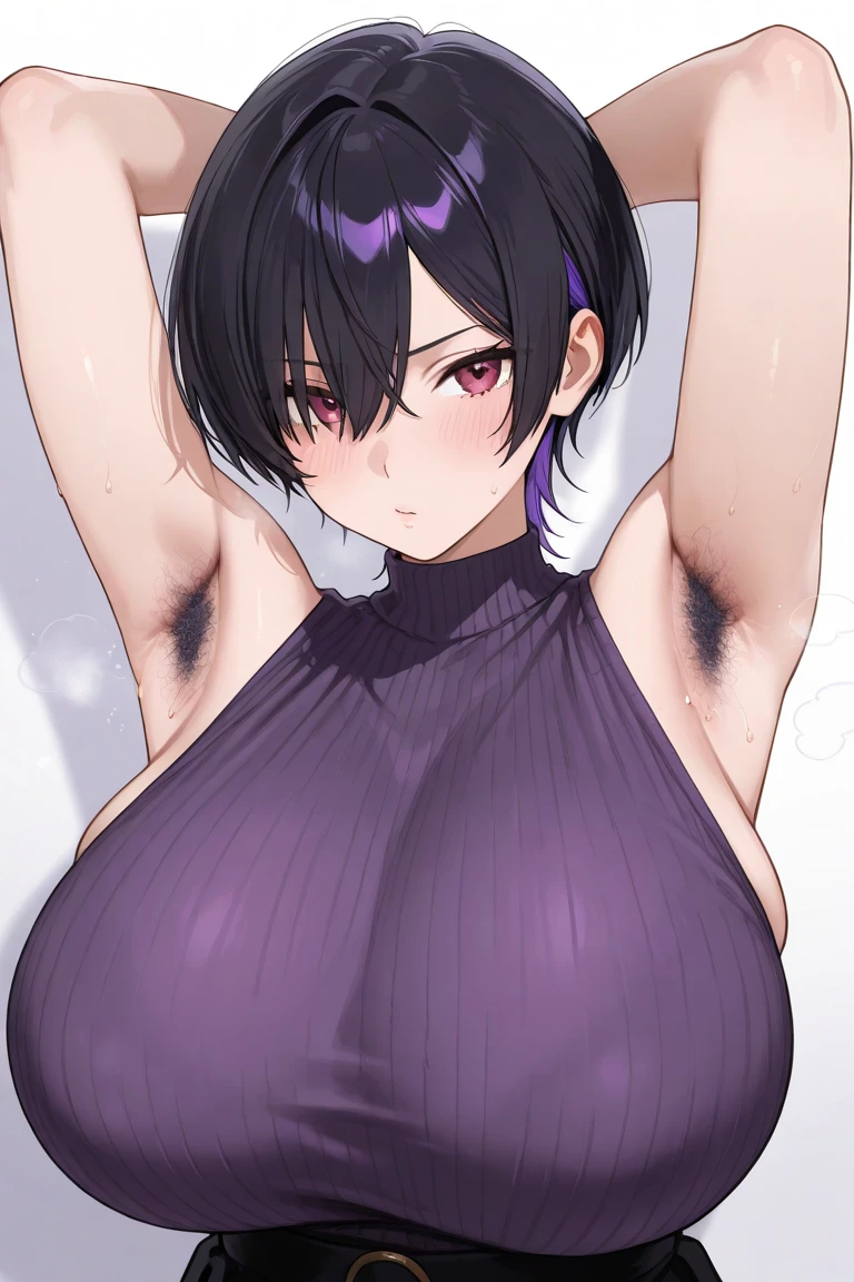 ((masterpiece, best quality)),(complex light), 1female,solo,upper body, goku black,black hair,black eyes, green potara earrings, large breasts, wide hips, curvy, thin waist, Black gi, red martial arts belt, (torn clothes:1.2), solo girl, armpits, arms up, mommy