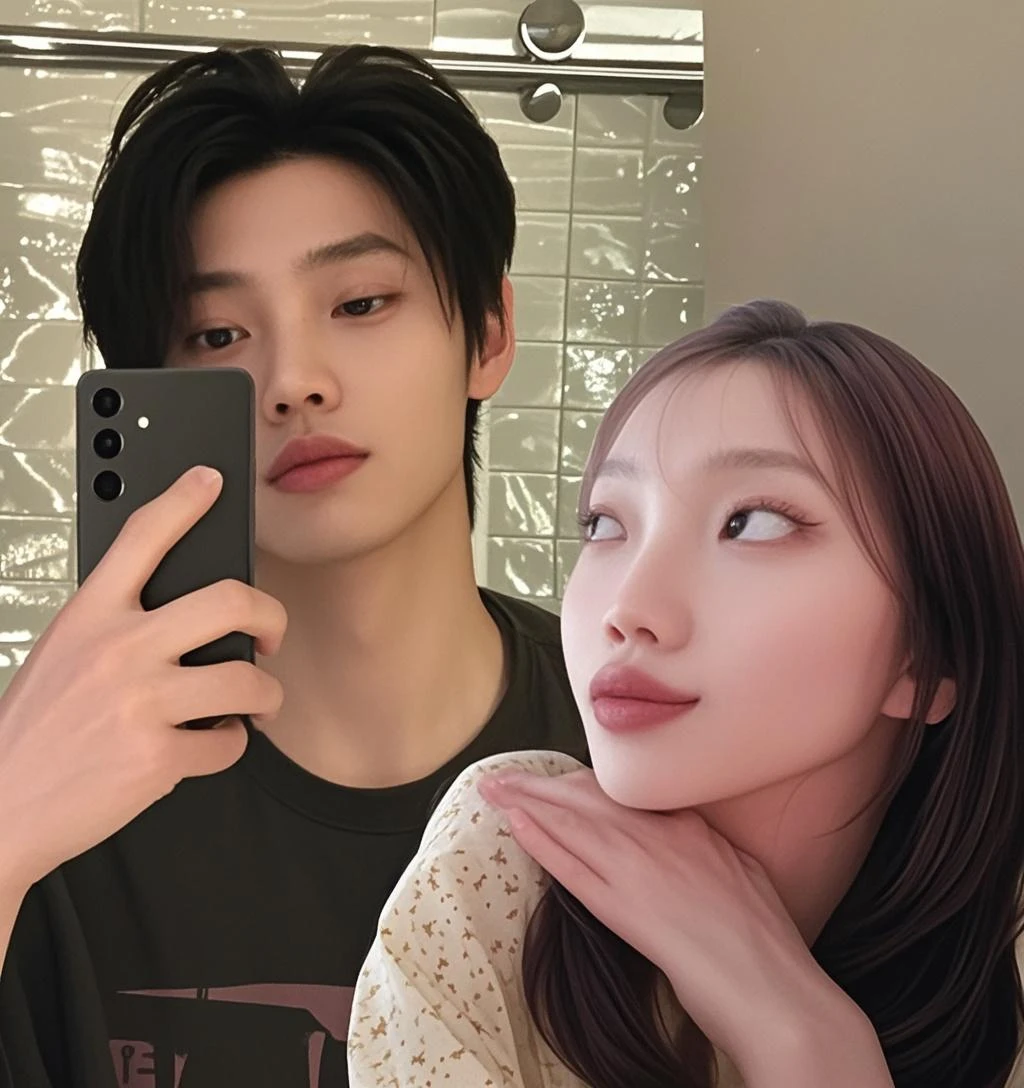 Coreana e coreano, casal, asiaticos, apertando o rosto da