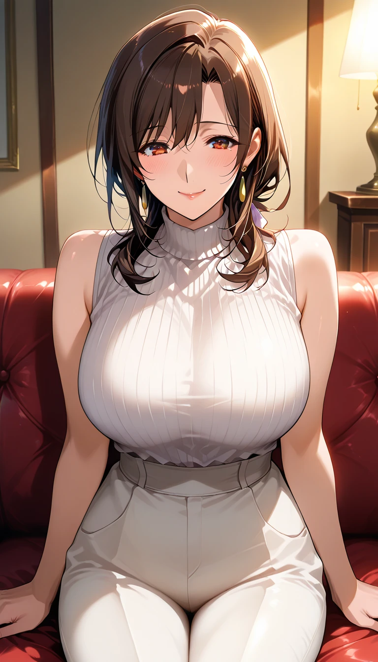 ((masterpiece)), (best quality), ((detailed eyes:1.2)), (detailed shadows)
(dynamic pose), solo, 1girl, 
((large breasts:1.4)), cleavage, ((brown hair)), (medium hair), parted bangs, ((light smile:1.1)), (brown eyes), (sleeveless shirt), bare shoulders, (skirt), ((mature female)), 
((apartment)), fireplace, godrays,
