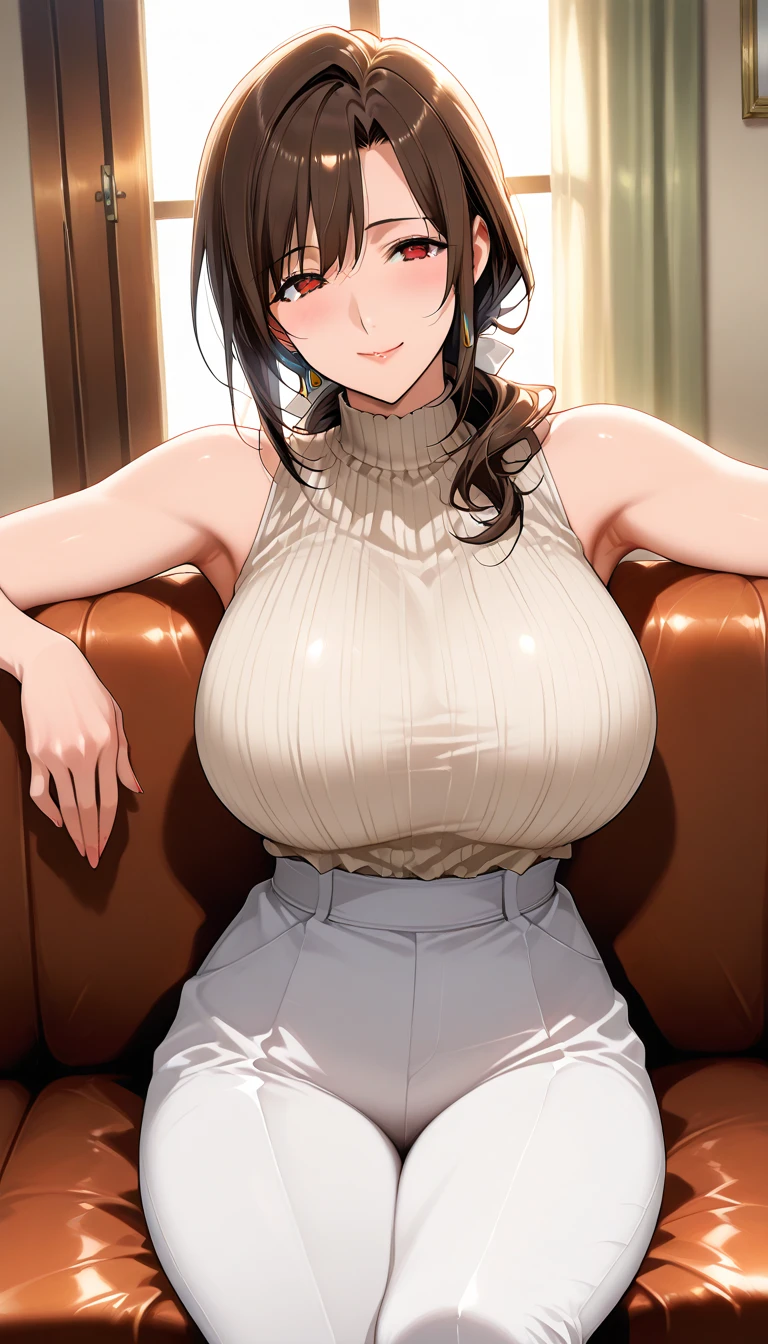 (8k、Best image quality、highest quality、masterpiece)、Detailed face、One girl、((Brown skin:1.5))、Blonde、Long Hair、blunt bangs、Grey Eyes、evil smile、((Grin))、Large Breasts、((white sleeveless turtleneck))、((no bra))((denim pants))、Cowboy Shot、Bedroom Background
