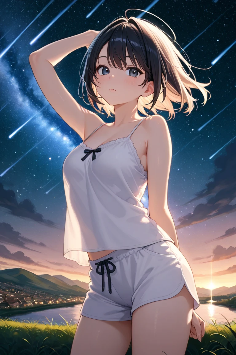 masterpiece, highest quality, Illustrations for novels, High resolution, 18+ Adult content, Sensual, Intimate, Emotional, Passionate, romantic, sweet, Adorable, Innocent, Pure, Fascinating, Fascinating, attractive, Mysterious, Fascinating, Fascinating, Immersive, Fascinating, dream-like, Surreal, Imaginative, Whimsical, artistic, Avant-garde, timeless, elegant, Sophisticated, chic, Sophisticated, ((Cowboy Shot)),(((A woman camping under a starry sky)).