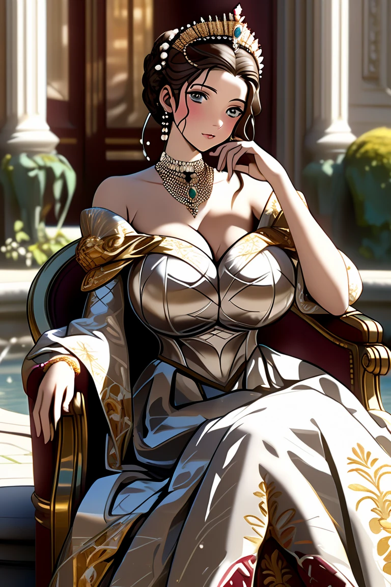Court background,(Hands together:2.0),(dark blue curly short hair：2.0),British court-style low bun,Standing close-up,dream world,Royal sister,(Slender red red phoenix eyes,eye shadow,long eyelashes),Slender red red phoenix eyes,eye shadow,Contact lenses,Jade necklace,(Off the shouldersBaroque skirt,Off the shoulders,Widen hem,Shredded flower cloth：2.0),(big breast)ballroom background,(soft light and shadow：1.9),Intricate body jewelry,High heeled dancing shoes,High heeled dancing shoes,Detailedly drawn backgrounds