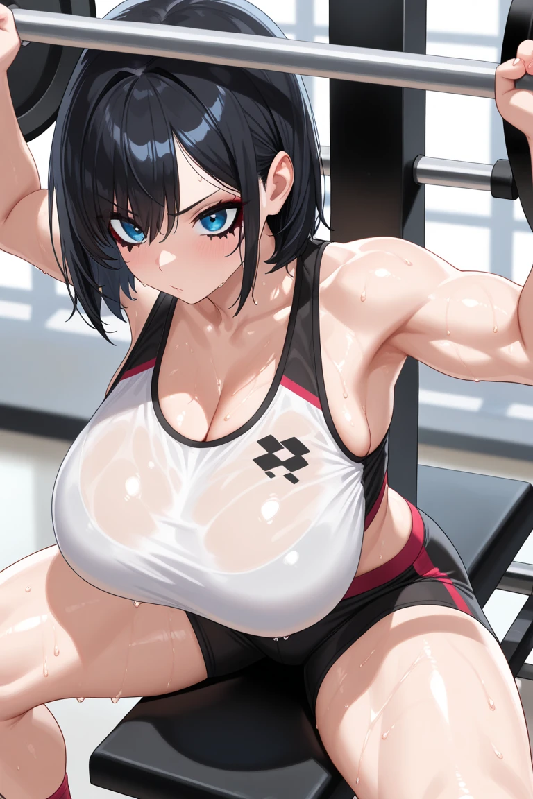 6 year old girl sexy tanned skin, black hair, short hair, the flag, transparent micro thong, in squat gym, transparent clothing, Big  Breasts, Big nipples, Pink nipples, marked nipples 