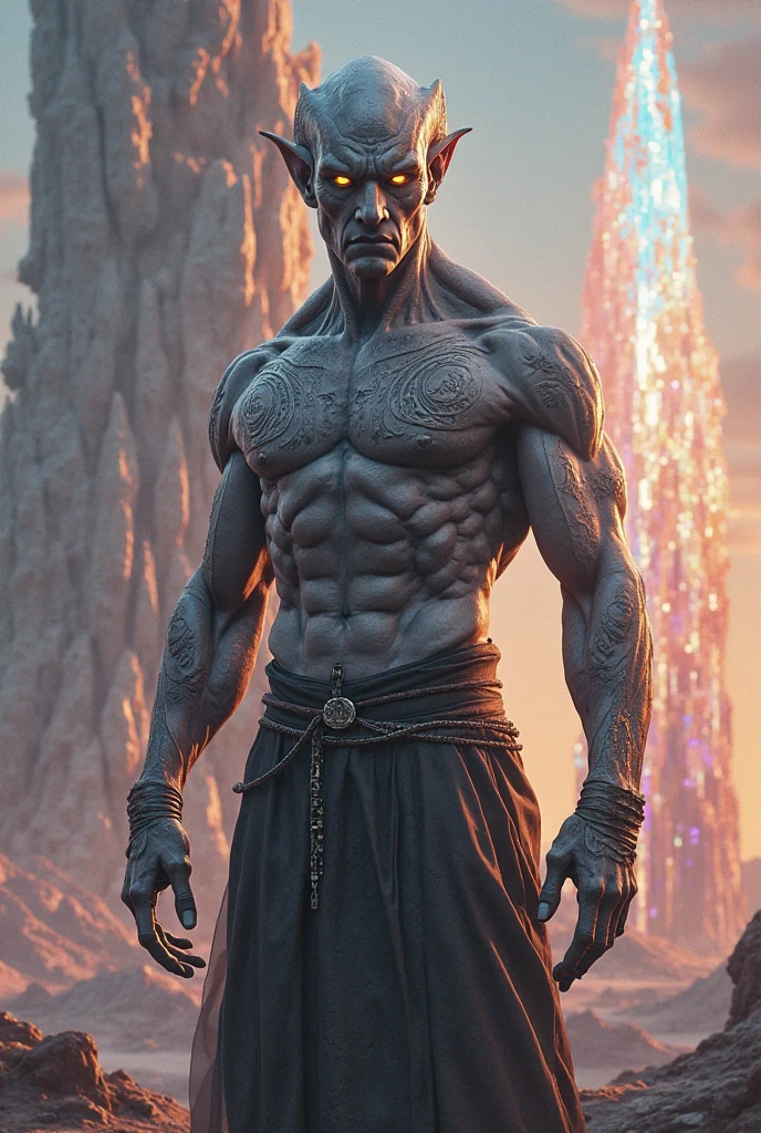 hyperrealistic image of extremely handsome 30 year old Brazilian man, muscular bodybuilder, stylish hairstyle, have glistening body, wearing a magical crystal necklace and traditional pants, in ancient temple