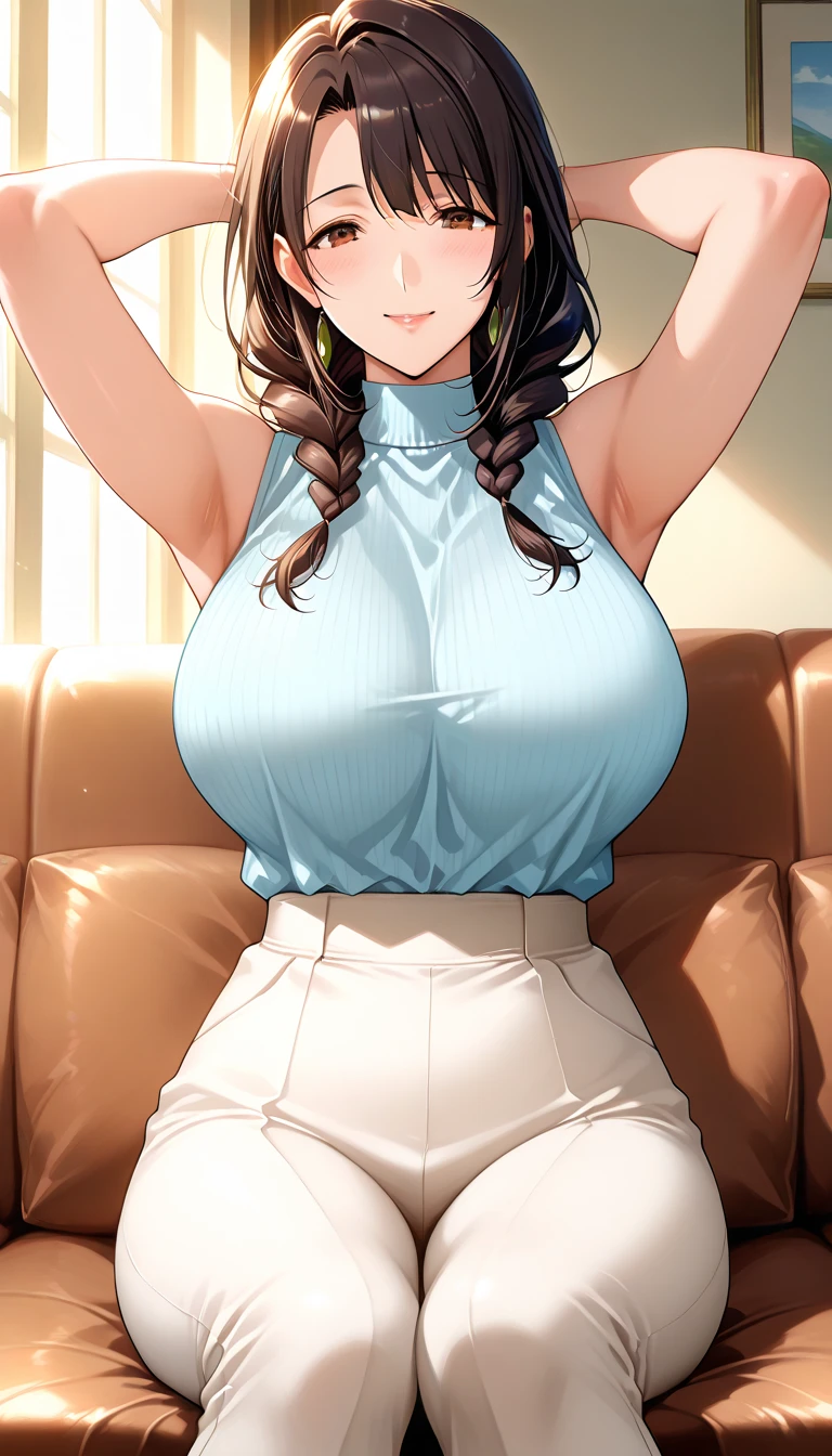 One girl, masterpiece, Highest quality, Very detailed, (figure), Brown Hair, Long Hair, Low Ponytail, Braiding, Parted bangs, View your viewers, Glossy Lips, Lips parted, Perfect lighting,, Cleavage, T-shirt maxi dress、Small waist、The whole body is visible、Huge breasts