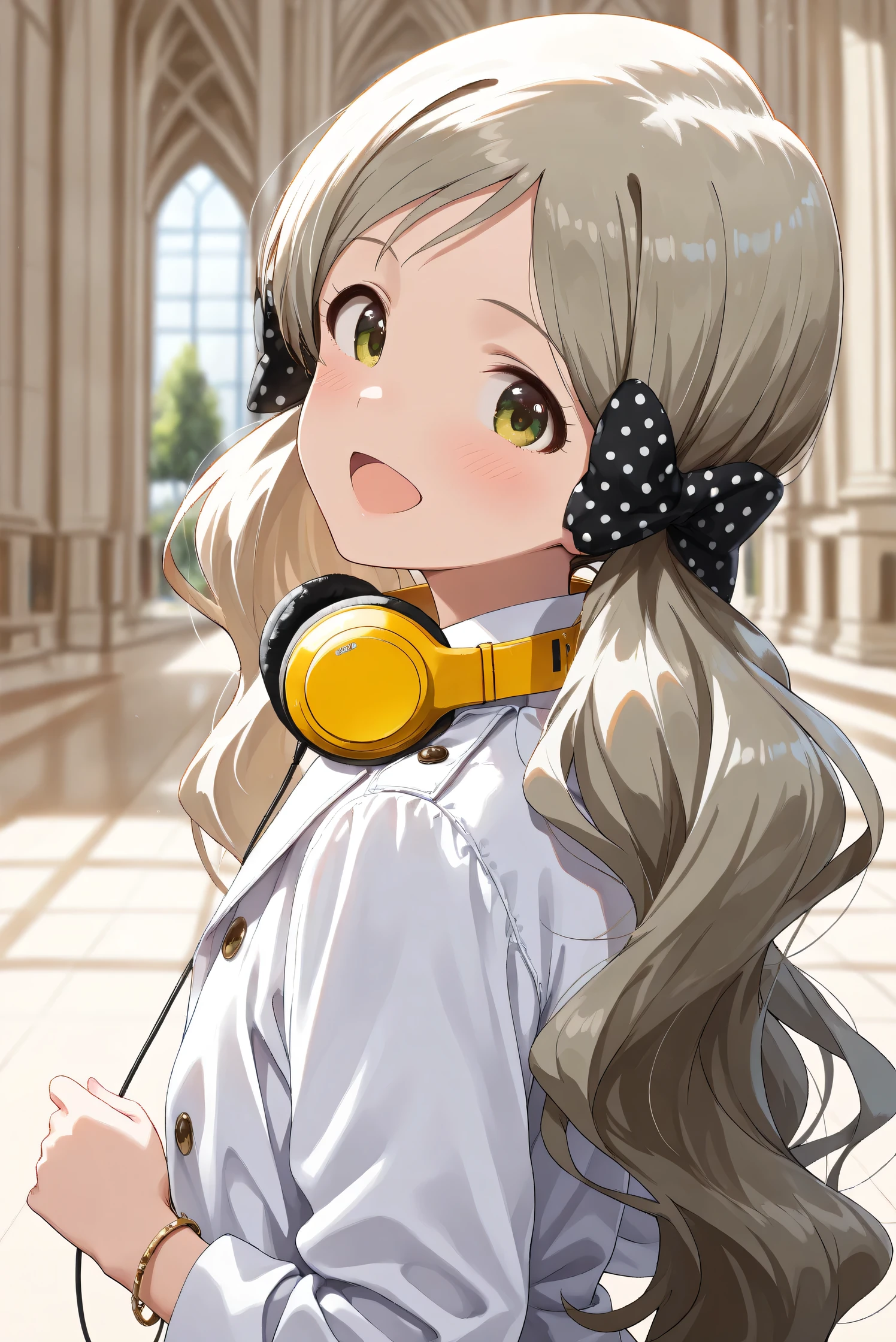 (Masterpiece), (Highest quality), (Very detailed),
(The best shape), (Best Shadow), (Absurd),
(Detailed background), (So beautiful), (Shiny),
(Extraordinary), (Countershading), (8k), (32K),
(High resolution), (Very Detailed CG), (UHD),
(Score_9), (Score_8_up), (Score_7_up),
(Source_anime), (Pastel painting:1.2),
(Watercolor painting:1.2),(Masterpiece, Detailed:1.2), (Foreshortening:1.2),
(Cinematic), (Dramatic), (Depth of field:1.4),
(Blurry background:1.4), (Realistic background:1.4),
(Dynamic angle), (1 girl),
(indoor), (art museum), (Art Exhibition),
(white jacket), (long jacket),
(buttons on jacket),
(portrait), (from side),
(Focus on face), (Close up shot),
(Blush:1.3), (Happy), (Smile), (open mouth),
(talking to viewer), (looking back),
(Realistic skin), (Shiny skin),
(Handa Roco),
(The idolmaster million live!),
(yellow eyes), (green eyes),
(light brown hair), (Twin tails), (long hair),
(black ribbon), (scrunchie), (bracelet),
(Put the headphones around her neck),
(yellow headphones),