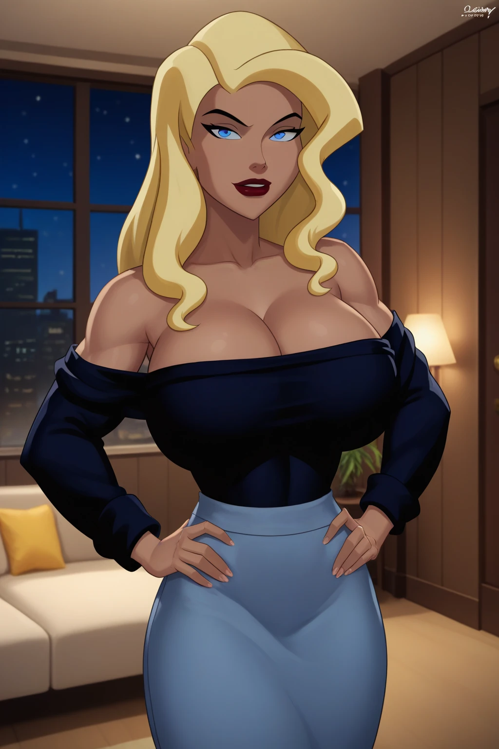 curvy girl, ur4ch4ndr, bedroom, illustration, masterpiece, big breasts, thicc bimbo, beautiful face, glossy black catsuit, blonde hair, seductive pose, thick thighs, large hips, looking at viewer, night time, dark lighting