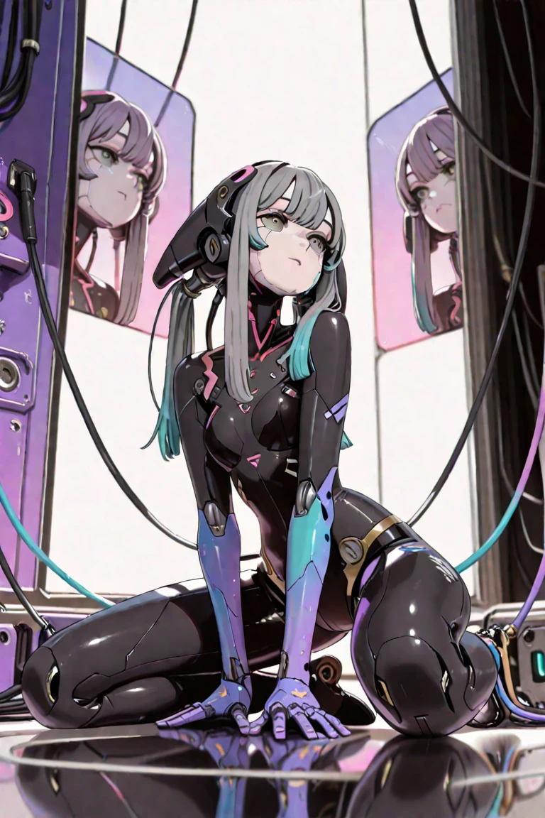 girl, wolf, demon, anthro, (electrodes), slender, ((exhausted expression)), ((extreme Protruding hip bone)), cyborg digitigrade legs, furry tail, ((extreme protruding rib bones)), laboratory, ((laying on side with legs closed)), focus on vagina, used condom left inside, surrounded by used condoms,