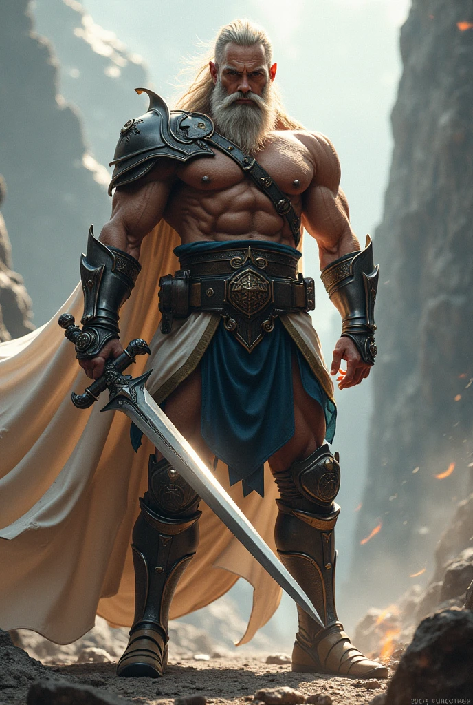 Samson biblical personality with braided hair and clothes of Jewish warrior in battle with Philistines