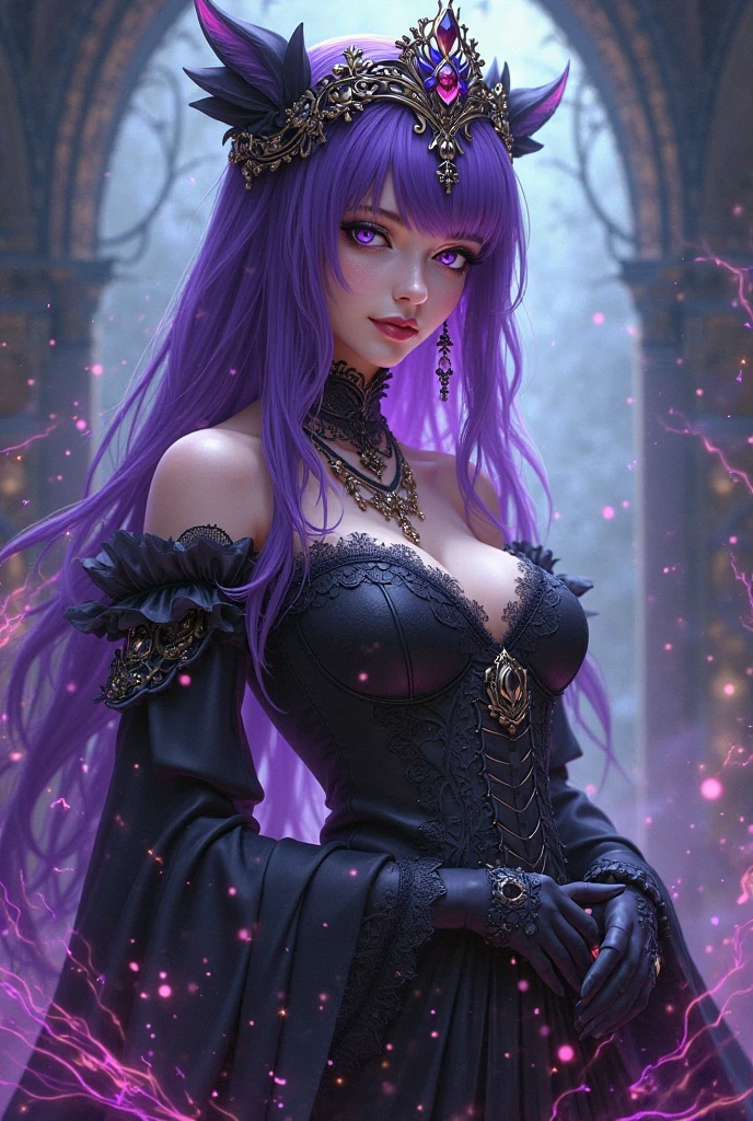 a detailed portrait of a beautiful curly-haired woman with long purple hair, large eyes with stars in them, wearing a strapless blouse and long skirt, masterpiece, best quality, 8k, hyper detailed, extremely realistic, photorealistic, ultra-detailed, cinematic lighting, vibrant colors, dramatic fantasy, volumetric lighting, intricate details, dramatic composition, chiaroscuro