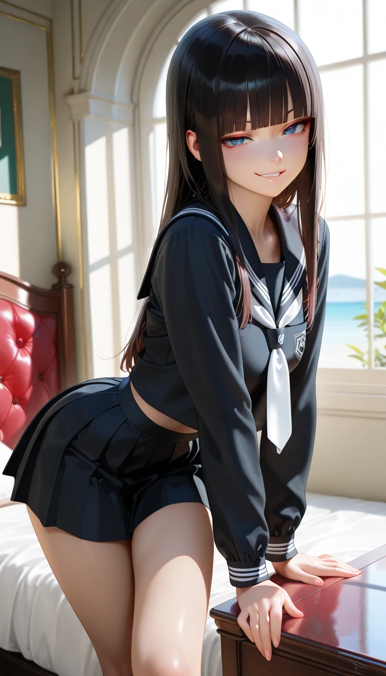 (masterpiece, best quality:1.2), ((full body)), kneeling, cowboy shot, solo, 1girl, yukinoshita yukino, smile, closed mouth, looking back, school uniform, black jacket, plaid skirt, thighhighs, black school shoes, ((show feets:1.4)), ((kneeling))