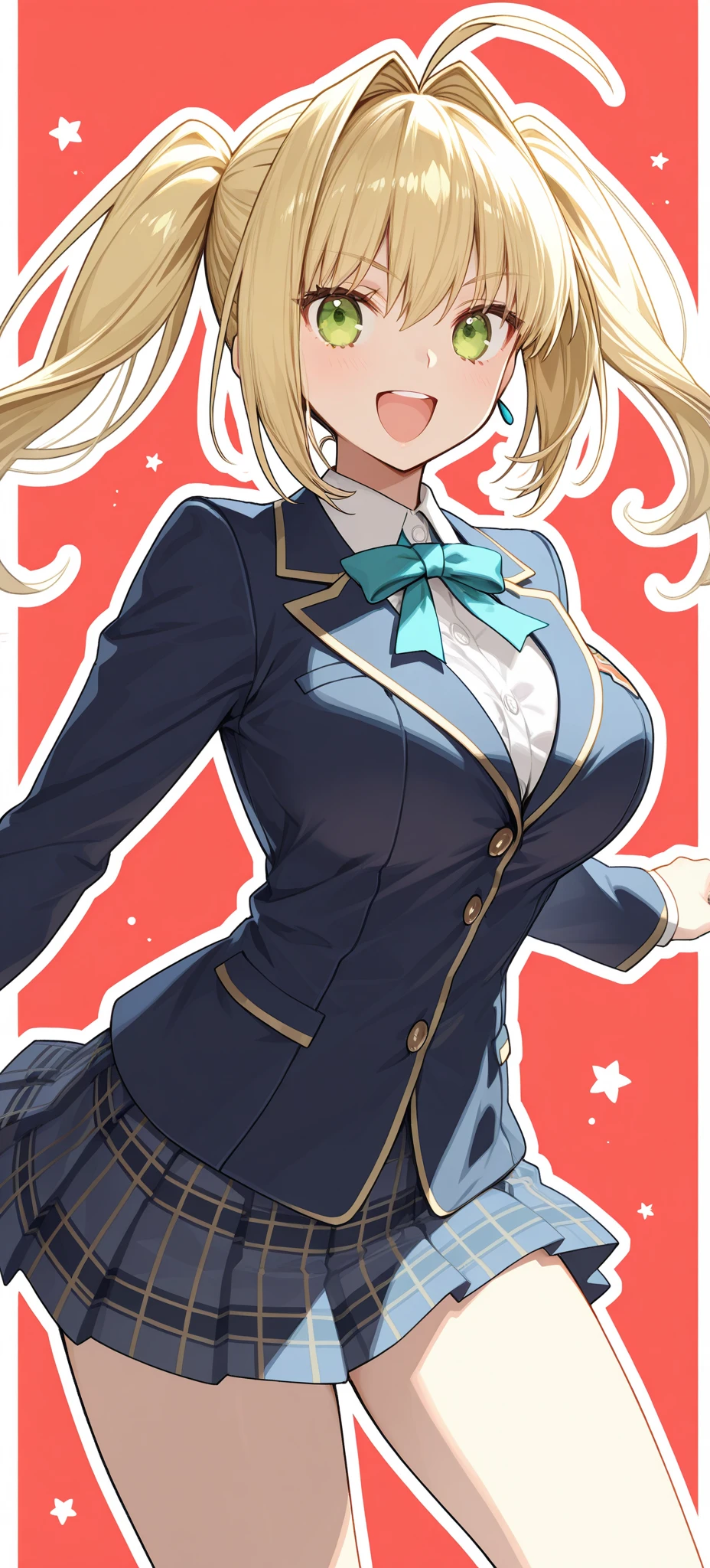 Highest quality, Ultra-detailed CG Unity 8k Wallpaper, Beautiful details、Large Breasts、Blonde、T-pose、White Shirt、mini skirt、Red ribbon、Lady、Slanted Eyes,Arrogant、uniform、Video Game Character Design、blazer、whole body、Front view、A Pose