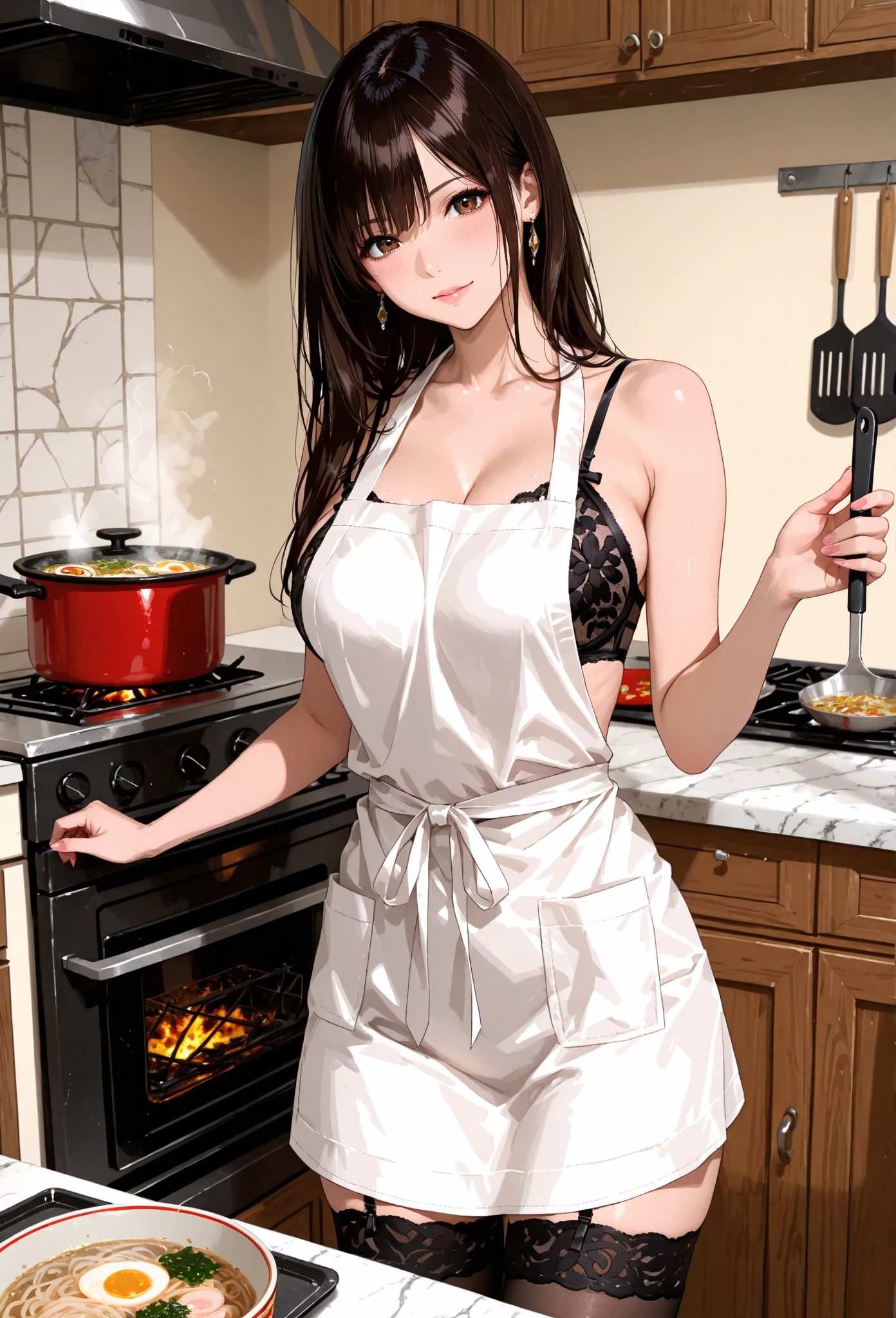 hyuuga hanabi, long hair tied low, hair band, hana purple eyes, beautiful, beautiful woman, perfect body, perfect breasts, wearing white pajamas, mesh bra and panties, lingerie, in the kitchen, clear kitchen, looking at the audience, a slight smile, realism, masterpiece , textured leather, super detail, high detail, high quality, best quality, 1080p, 16k
