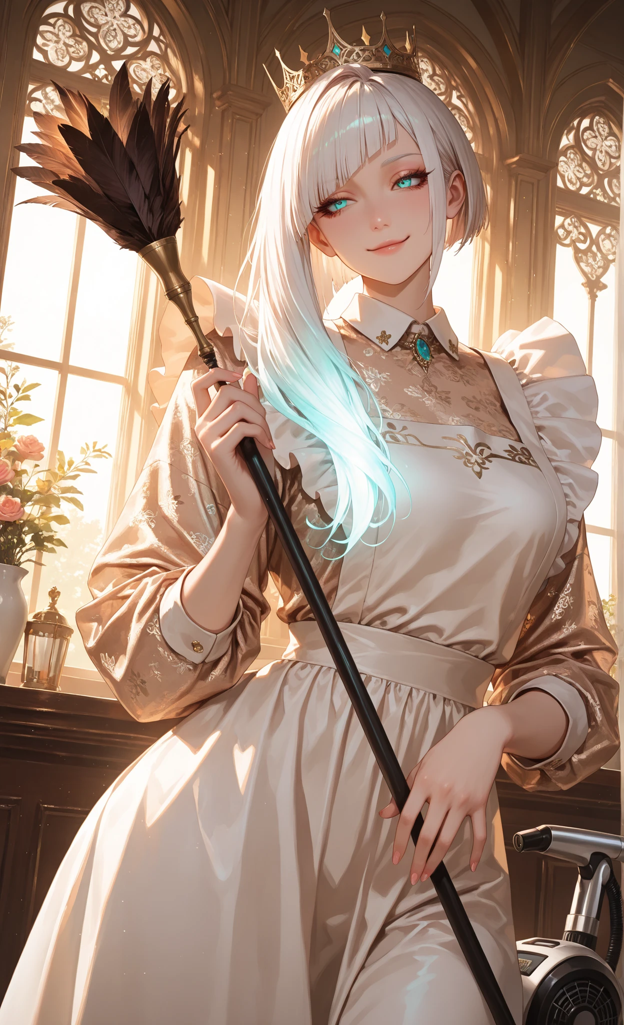 (masterpiece, detailed:1.2), semi-realistic, hyper-detailed, fierce, gradient hair, sexy face, seductive smile, Seductive expression, Seductive gestures, high detailed eyes, aqua eyes, glossy makeup, thick eyelashes, glossy makup, sideways glance, (white hair, long hair, gradient hair, glowing hair, asymmetrical bob haircut, Voluminous hair), fair skin, beautiful young woman, housework queen, elegant apron with royal design, crown on head, long flowing hair tied neatly, confident and gentle smile, holding feather duster like a scepter, vacuum cleaner with ornate patterns, sparkling clean room, sunlight streaming through window, magical sparkles around her, cinematic lighting, warm and cozy atmosphere, fantasy meets daily life, highly detailed, vibrant colors, dynamic pose, soft pink and gold tones, (dynamic composition, dynamic angle),