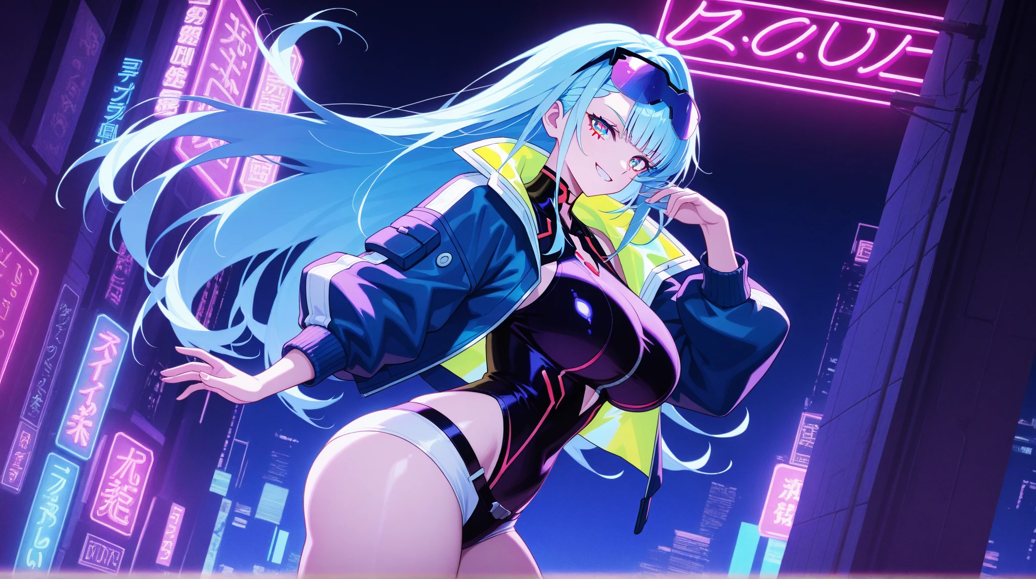 Rainy night、Ultra detailed shot of a beautiful woman with long blue hair、超Big Breasts、Action Shots、Open chest、Big Breasts、Futuristic city with colorful neon lights