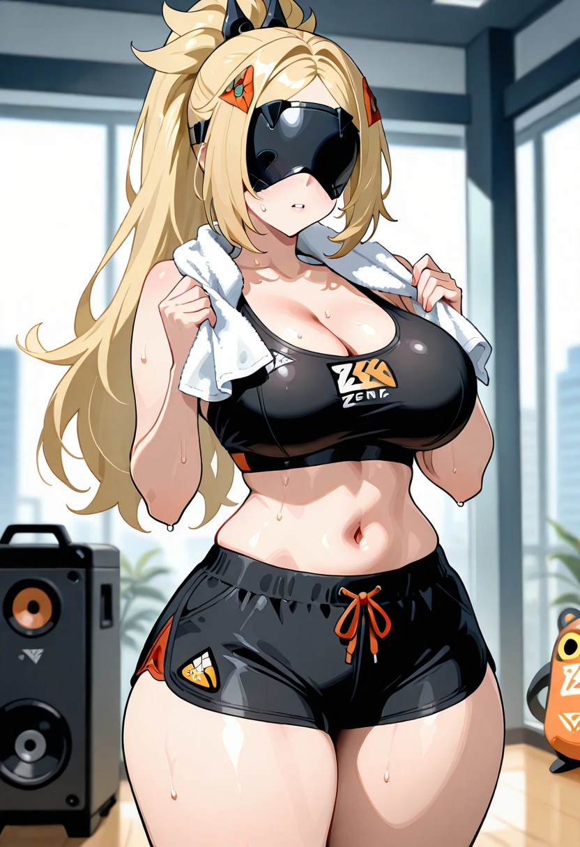 anime boy, large belly, round belly, big belly, chubby, shoulder-length hair, blonde hair, headphones, blushing, embarrassed, brown eyes, hoodie, erection, bulge
