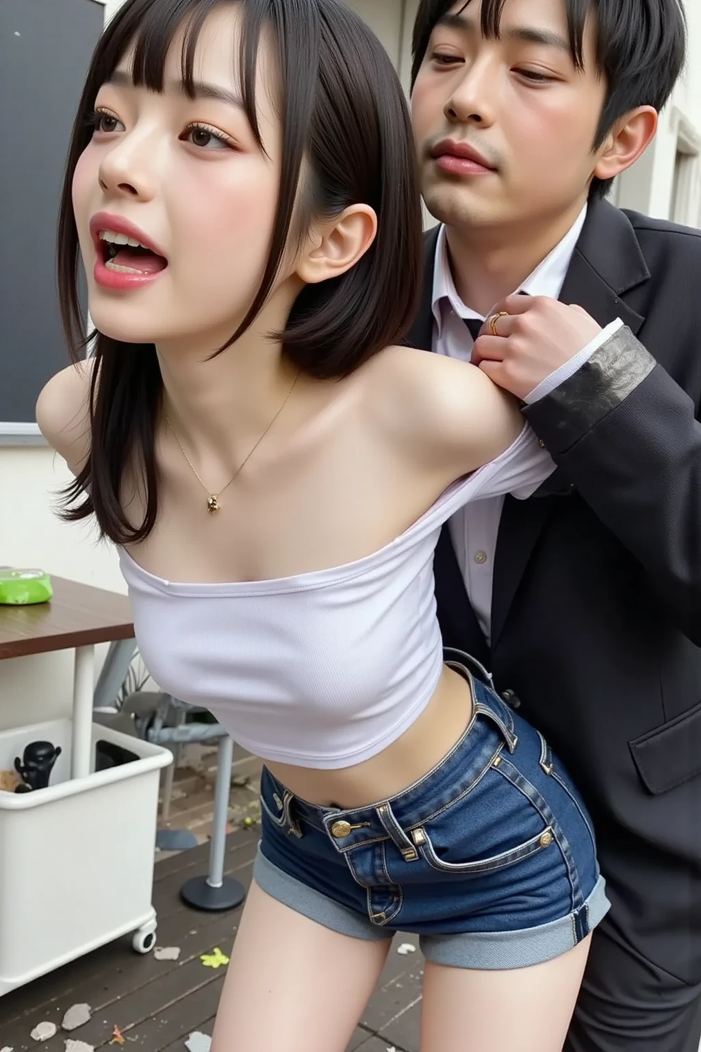 (Browsing Caution:1.4)、one Japanese girl, (a beauty girl, delicate girl:1.3), (20-year-old:1.0),
(buzzer、 blouse:1.2), (Crowded train:1.2), , Extremely fine resolution, (The eyes are sparkling、Symmetrical eyes:1.3), Parted bangs, Black Hair, girl,
(masterpiece, Highest quality, Very detailed, Detailed face, 8K)、Beautiful nipples、window、Standing in front of a train window、Push out your chest、(Molester:1.3、old man touching a woman、A bearded man is touching a woman、A man holds his waist、Many men stand near a woman:1.3)、(excessive cum、cum on body:1.2、cum in puss)、((nsfw),(1man and 1woman,having sex),(girl on top,straddling,on,bed),(Composition from below, ceiling),(top down bottom up)) 、(Blushing、tears)、Man grabbing his chest、A man puts his dick in、(Man grabbing his chest:1.2)