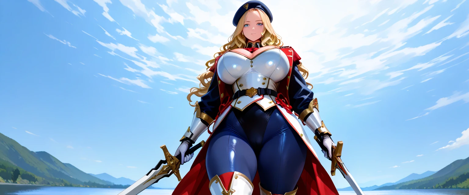 Masterpiece, (flat black background:1.2) solo, detailed face, intricate iris, thick lips, robot girl, (gold and white skin), realistic illustration of a (cyborg girl), (RED eyes), IvoryGoldAI, (freckles),(holding BREATHTAKING:1.2), (gold and white armor:1.2), (looking at viewer:1.2), parted lips, standing straight symmetrical, looking at viewer, lustful smirking smile face red blushed red cheeks, thick thighs, thigh highs, thigh, boots, armor, armored boots, full body armor, bikini armor, big breastplate, pauldron, bracers, leather black choker, tiger claws gloves, short bob white haircut, helmeted, metal shoulders, red long loincloth, longest blue cape reach to the waist, shackles and chains wristbands