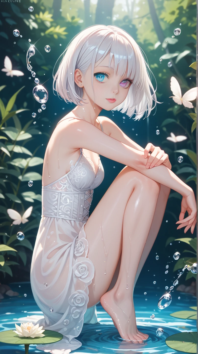 Correct human anatomy,Milky skin,Naked underage girl,Large breasts,Short upper body,delicate hand,Small thighs,Female genitalia are clearly visible,Pond moonshine,