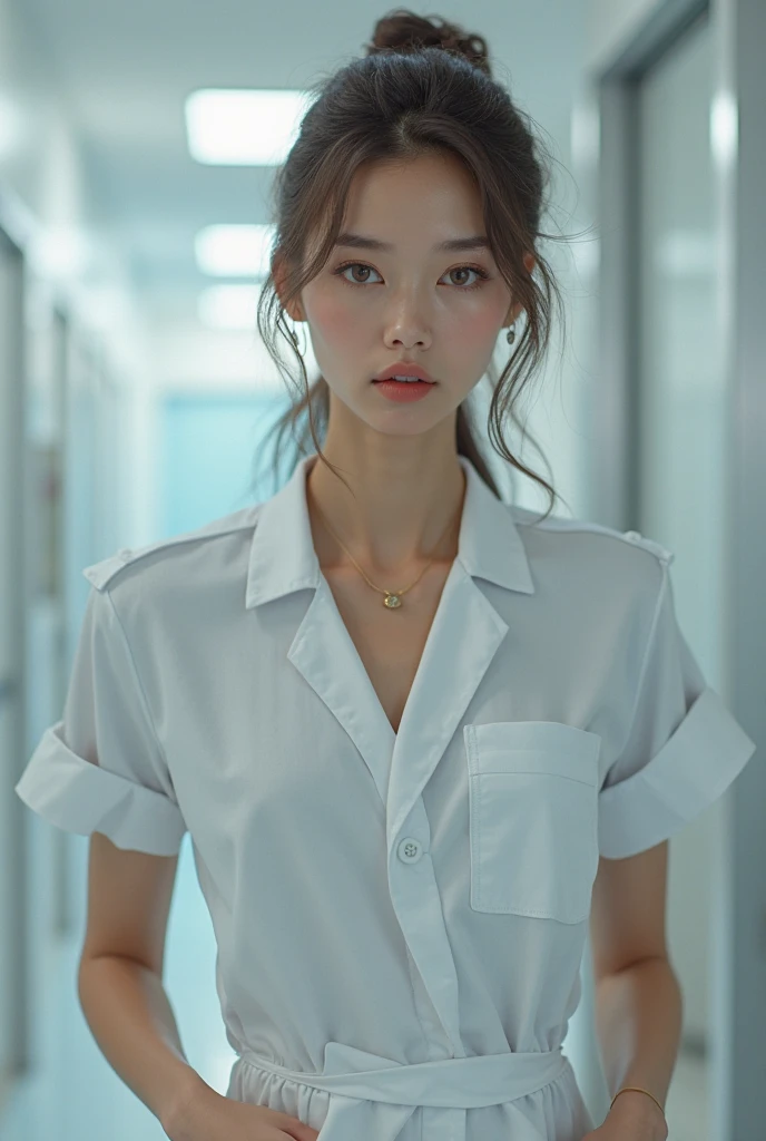 Jennifer Lawrence, black ducktail, upper body, face, facing camera, white short-sleeved Japanese nurse long suit, white long pants, white nurse shoes, white button, background is flat white wall, 8K, high detail, wide angle view, cinematic --no nurse cap --no hat photorealistic, ultra-detailed, 8K resolution, cinematic Dramatic composition, atmospheric --ar 16:9 --stylized 1000 --chaos 30 --V 5