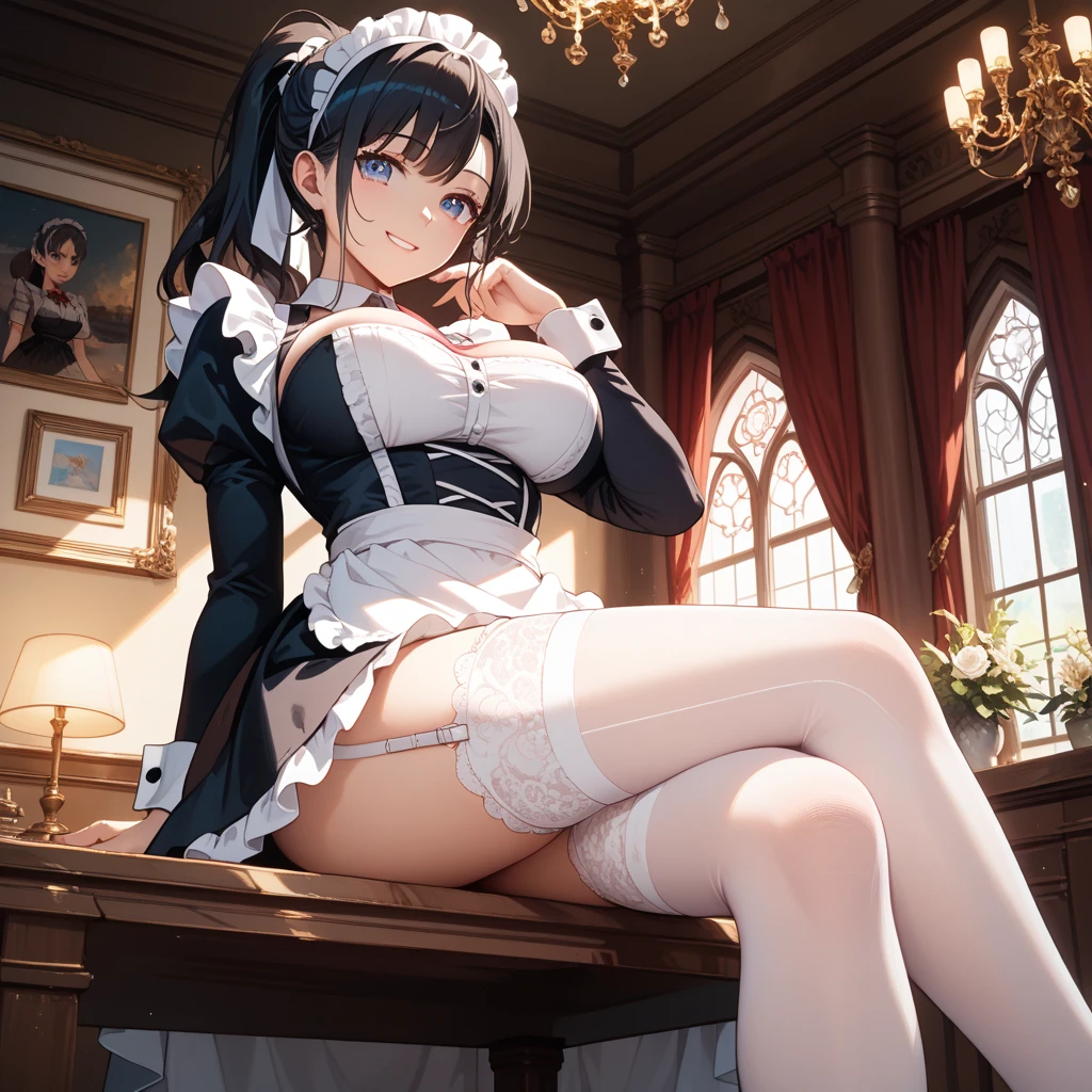 masterpiece, best quality, ultra-detailed, illustration, warm lighting, bright colors, 1girl,solo, long hair, very long hair, chifuyu, blue eyes, bangs, hair_flower, hair_ornament, hair_over_eyes, ponytail,
1girl, apron, black_bow, black_bowtie, white_dress, blinds, book, bow, bowtie, cleavage, cleavage_cutout, closed_mouth, clothing_cutout, cup, dress, frilled_dress, frills, fruit, full_body, garter_straps, hair_twirling, hand_on_own_thigh, hand_up, indoors, lamp, legs, legs_up, long_hair, looking_at_viewer, maid, maid_apron, no_shoes, panties, puffy_short_sleeves, puffy_sleeves, short_sleeves, sitting, solo, stirrup_legwear, thighhighs, thighs, underwear, white_apron, white_garter_straps, white_panties, white_thighhighs, feet out of frame,