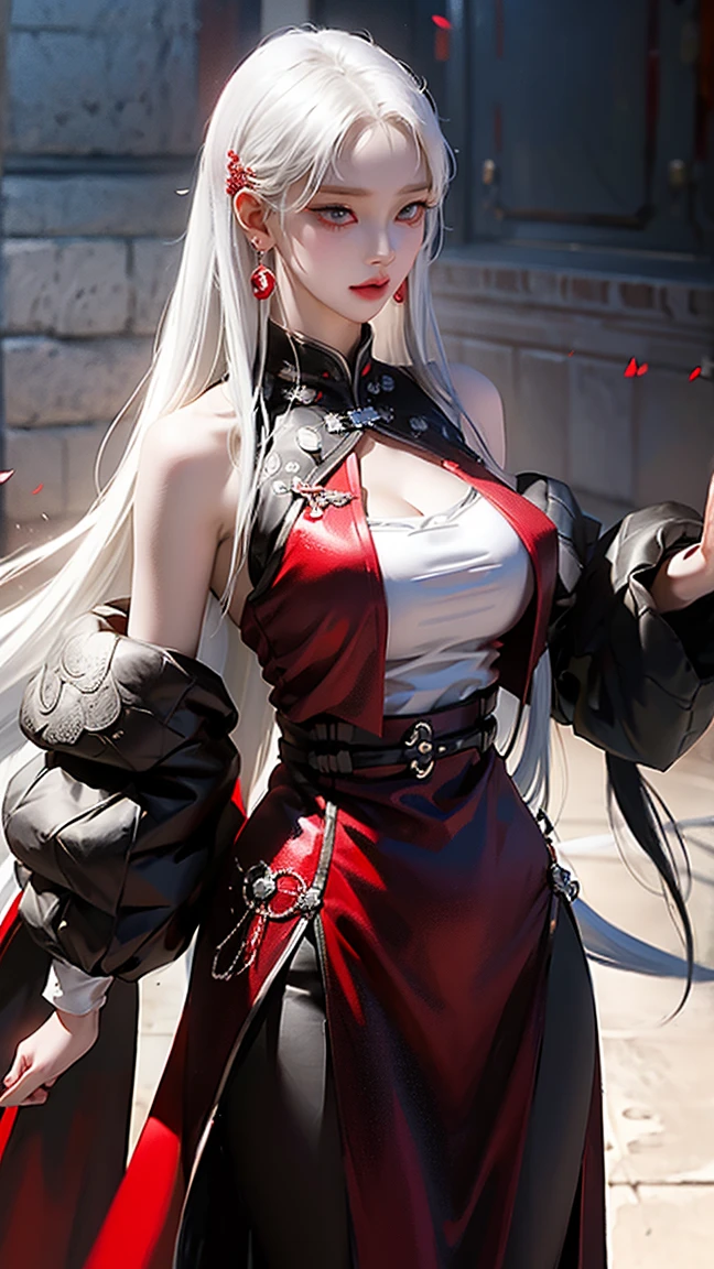 ((masterpiece,best quality)),1girl,beautiful detailed eyes, detailed face, (full body:1.2), white long hair, red eyes, large sized breasts, (black background:1.2), bloody particles, shaded face