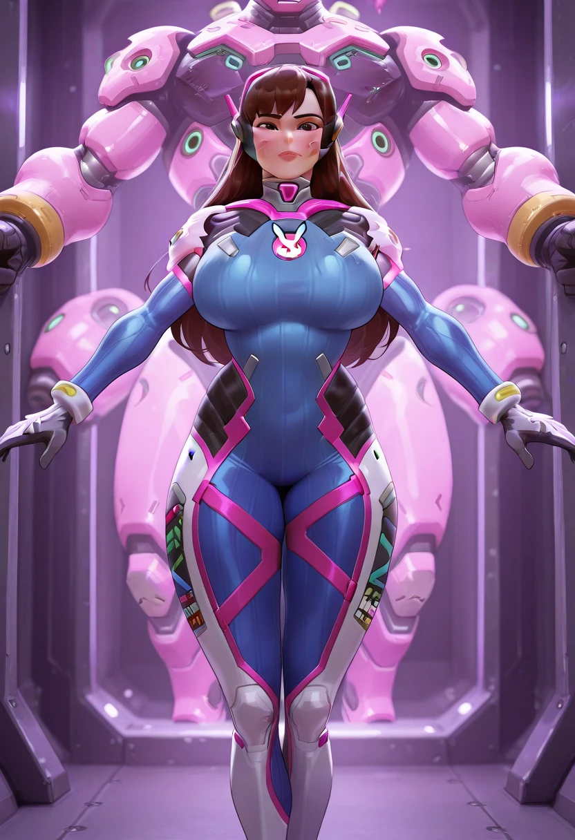 whole body view of adult Emma Watson as D.VA from overwatch in her classic blue and pink textile whole bodysuit uniform standing still looking at viewer, slender body, long wavy brown red floating hair, bang, nice smile, shy smile, whole body, Ideal golden ratio composition, masterpiece, Best quality, 4K, Sharp Focus, Ideal Anatomy, without shoes, Beautiful legs, whole body, whole body shot, 1 girl, action pose, nsfv, big breasts, blue thong, whole body, Transparent background, without shoes, bare feet, bare feet, Beautiful legs,thick thighs, hip gap, camel's foot, big breasts, hard nipples, funny , slippage, Visible areolas, visible nipple,