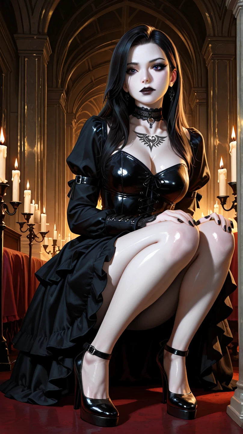 Morticia Addams, wearing transparent black gothic dress cleavage showing, pale white skin, black hair, beautiful detailed eyes, luscious big round breasts, slim waist, wide hips, perfect slim body, tight ass, beautiful hands; PhotoRealistic, Ultrarealistic, highres, 8k, dark cinematic lighting; cobblestone garden behind her house, night time,