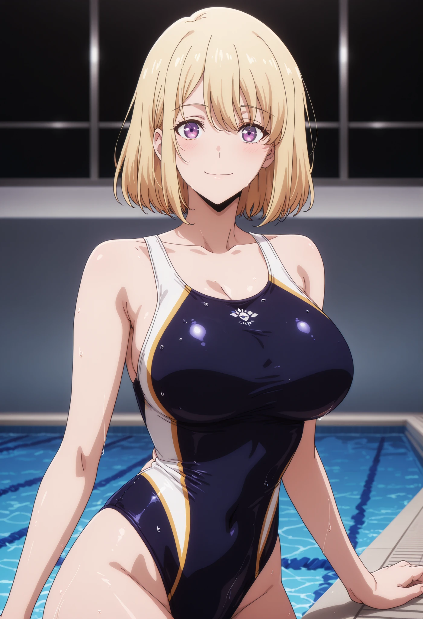 Swimwearを着たAnime Women、Woman with short brown hair、Purple eyed woman、Wavy Hair、Wearing swimwear、Wear swimwear、Wet Swimwear、solo、Seductive Anime Women、clothing:High Cut Swimwear、Cool Anime Women in Black Tank Suits with Yellow Lines、Anime Moe Art Style、Swimwear、Black high leg racing swimsuit with yellow lines、Black high leg racing swimsuit with yellow lines、Big Breasts、A woman with very large breasts、 High Resolution Commission、Competitive Swimwear、(Anime Women)、One Piece Swimwear、Tall Woman、cleavage、Sexy vibe、A woman is standing、Competitive swimming swimwear、High quality fan art、High leg、Cel-shaded anime、Swimwear model、High legレーシングスイムウェア、oc commission、[ 4K Digital Art ]!!、High quality fan art、Anime Moe Art Style、Realistic Swimwear、Bare shoulders、bare legs、Bare Arms、!!Full Body Portrait!!、digital anime art!!、Naughty anime style、Smooth anime CG art、Wet, shiny skin!!、Headquarters artwork、Hi-Res Fee、Black competitive swimwear with yellow lines、