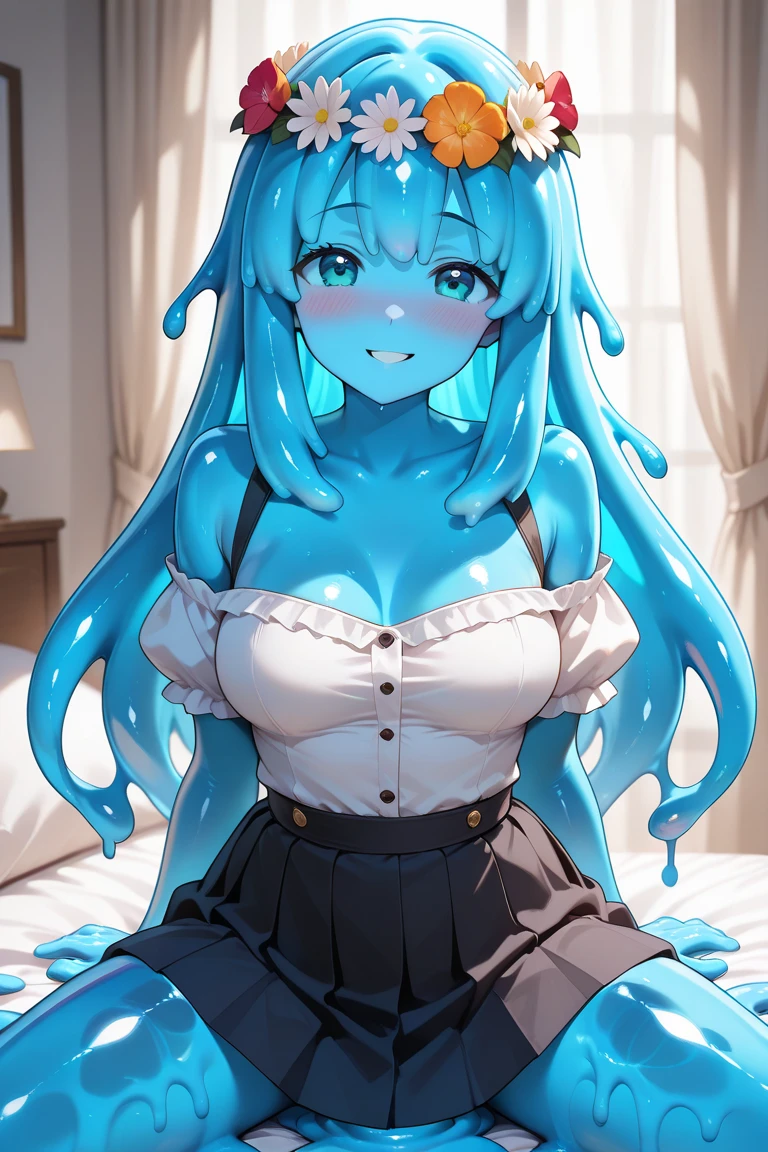 ((Solo)) blue slime girl blue long hair, and detailed yellow eyes, covered in liquid, hands on chest, blue slimegirl dripping, curvy, kneeling, (bedroom), masterpiece, peeing