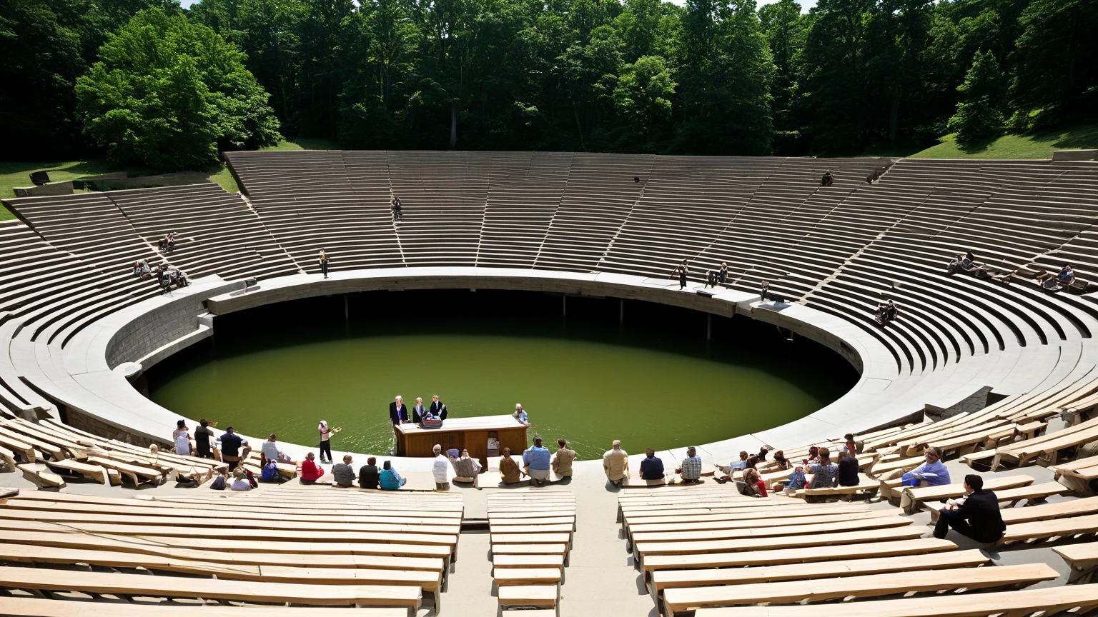 Circle amphitheater with steps made from sound system speakers with people sitting on top of it.