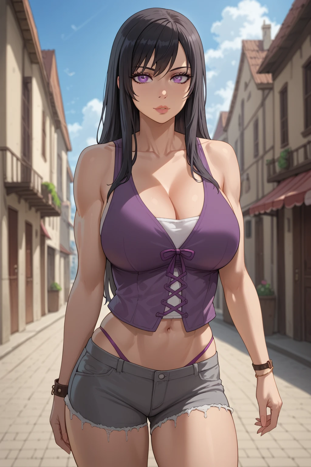 ((detailed eyes:1.2), detalied face, (dross), (solo:1.2), intricate details, ultra details, best quality, ultra quality, all focus),
(busy street, daytime),
1 girl, milf, mature female, older woman, black hair, purple eyes, pink baseball cap, navel_piercing, tattoos, arm tattoo, white thigh highs, white shirt, black shorts, <lora:cmilfs2:0.7>