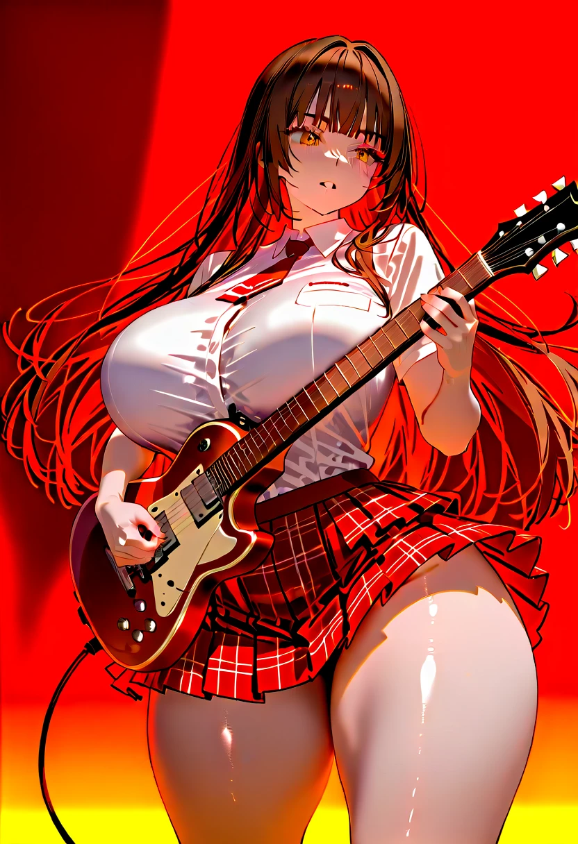 (8K, Ultra-high resolution, Highest quality, Tabletop:1.1),(18-year-old:1.1)、(avert your eyes)、8K、Japanese girl's life々Beautiful portrait、Photorealistic、Ultra-high resolution、Highest quality、 (Quite large breasts、Quite large breasts、A toned and slender body:1.15)(Electric guitar player、Playing electric guitar、White shirt、Check pleated mini skirt、duo schoolgirls:1.25) (High School Girl Light Music Club、Quite large breasts、Quite large breasts、Hide all breasts、Black straight hair、 So cute、Cute Smile、Wear a white shirt under a navy miniskirt、Two high school students:1.6)(On the roadside overlooking the sea、duo、Two female students performing:1.1)