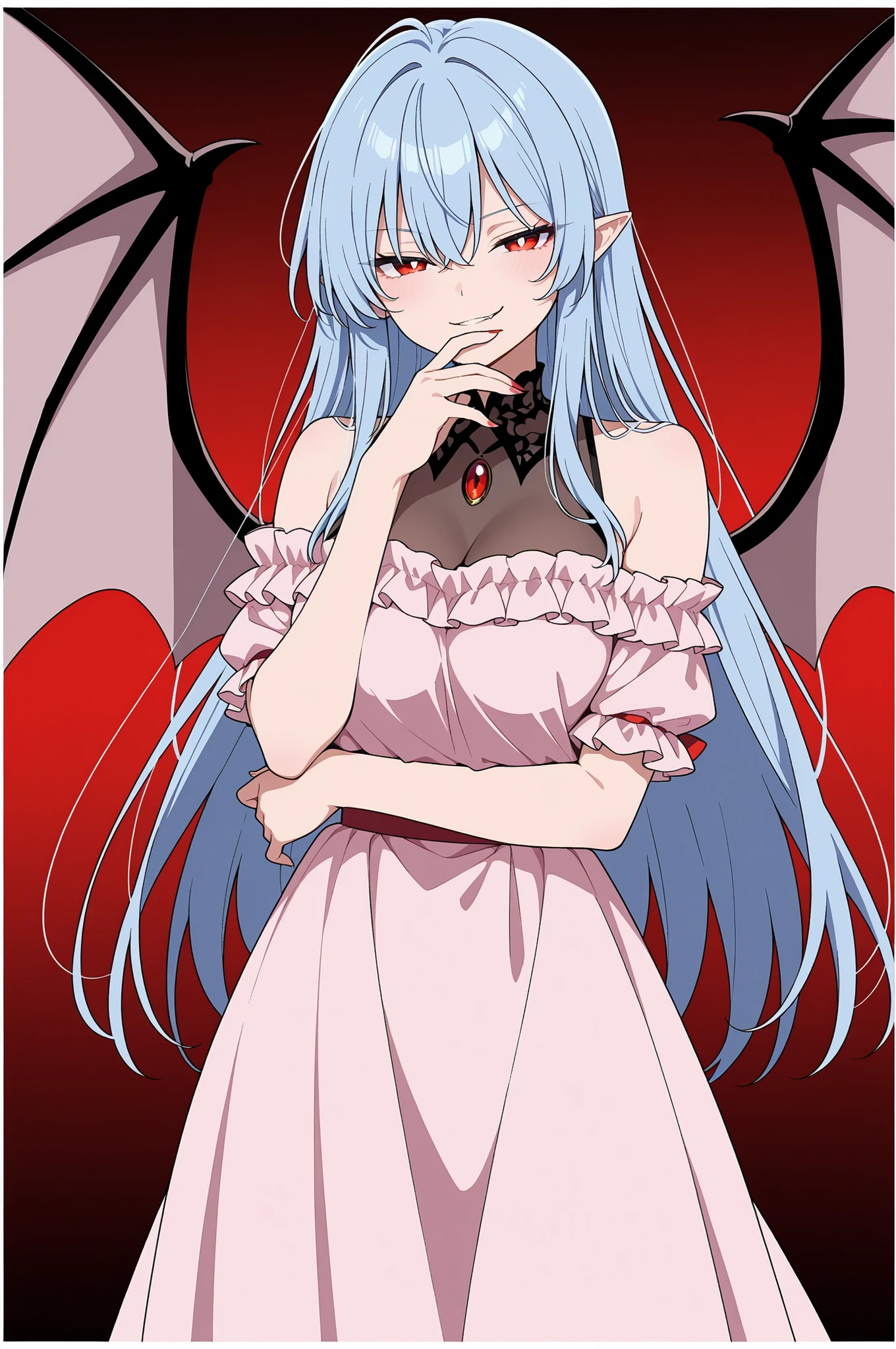 masterpiece, best quality, amazing quality, very aesthetic, safe, \(touhou\), (Remilia Scarlet), 1girl, aged up, half-closed eyes, smirk, [looking at viewer], ojou-sama pose, arm under breasts, alternate hairstyle, long hair, straight hair, bangs, white pupils, pointy ears, bat wings, medium breasts, alternate costume, long dress, off-shoulder dress, frilled dress, see-through cleavage, gradient background, red background, white border, (anime screencap:1.2), (lineart)