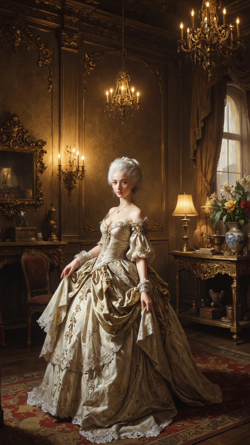 Dance Party, LWSH, Elegant dress with corset bodice, The fabric layer is ruffled., And a large feather hat., Show the glamour of the aristocracy., Marie Antoinette, 18th century art, Rococo Portrait, Adelaide Labill - Giard, Rococo-style portrait, Rococo art style, Rococo Art, by Adélaïde Labille-Guiard, by Jean-François de Troy