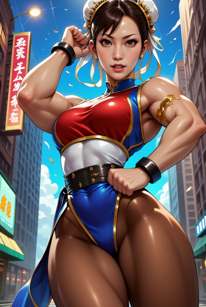 ((((Massive tall, beautiful, buff, brown skinned muscular woman with yellow hair, ginormous muscles, wearing a beautiful silk yellow Tai Chi–fu and pants adorned with intricate computer designs)))), (close view), massive muscles, massive biceps, hyper muscle shoulders, massive muscle arms, vascular shoulders, hyper muscle triceps, (long flowing hair), gray eyes, choker, kung fu shoes, (in a land surrounded by yellow lightning), confident smile, night, hyper muscles arms, hyper muscle legs, massive arms