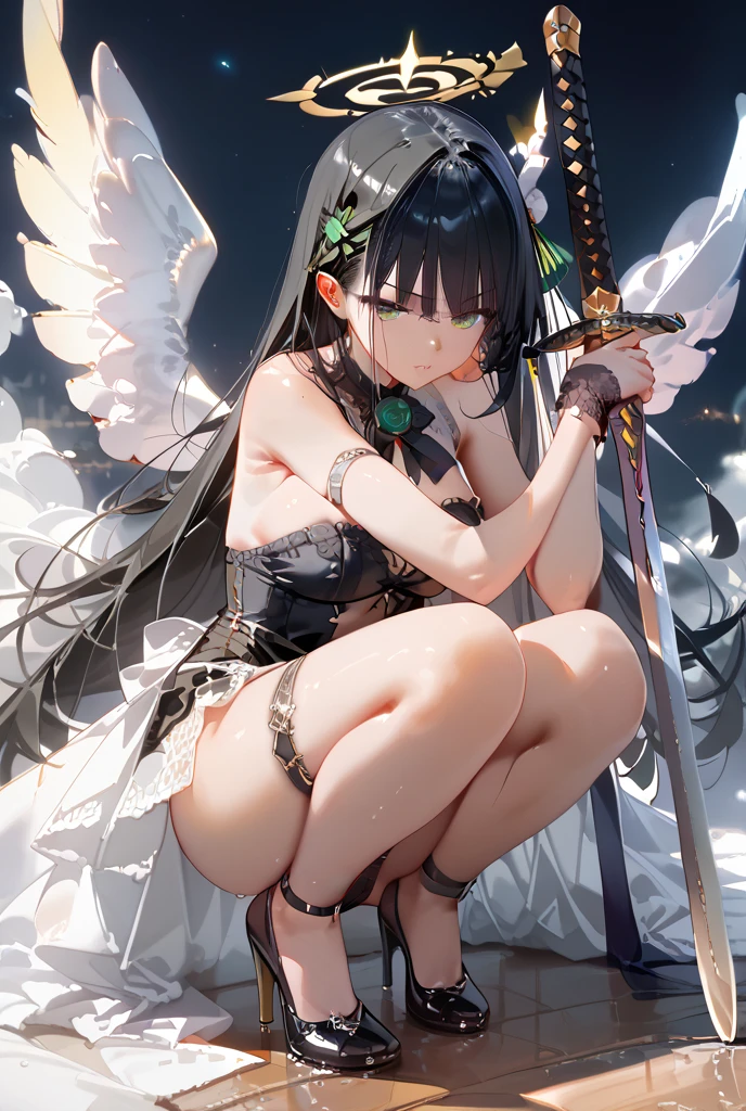 4K、Realistic Hairstyles、Black Micro Bikini、Japanese-style skirt with large holes、battered、transparent white curtains、Moonlit Night Background、knifes