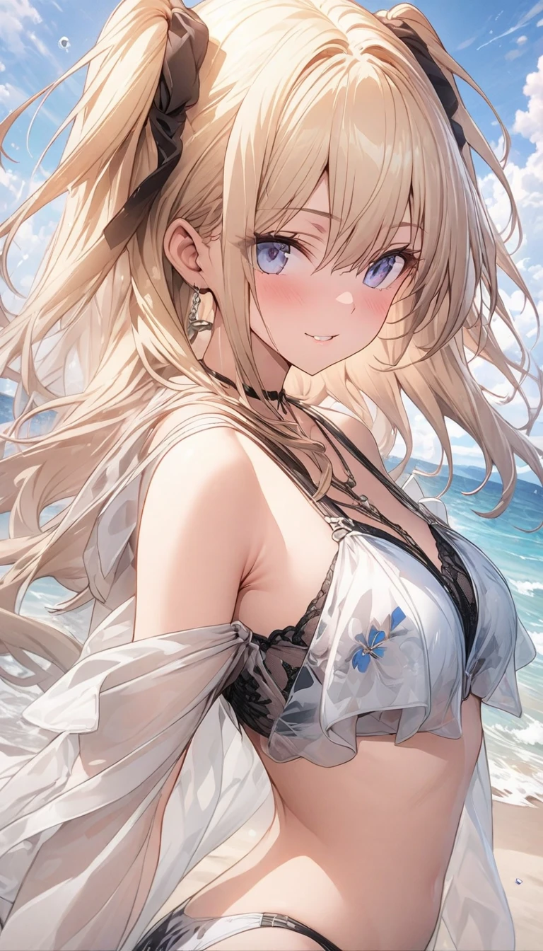 solo, (night time), (moonlight), (night view), (anime seaside setting), sea view, (Anime illustration), ((detailed shadows)), (detailed lighting), large eyes, detailed eyes, long eyelashes, (dramatic chiaroscuro), ((Masterpiece)), ((perfect detailed hands)), ((intricate detail)), (flowing hair), (white hair), long hair, curly hair, bang, (detailed hair)), (((smooth skin))), HD wallpaper, UHD image, (expressive eyes:1.2), (medium breast), thicc, blushing, (white hoodie:1.2), cleavage, (black laced bra:0.8), (black skirt), standing