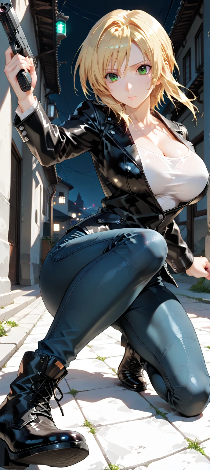 the motorcycle，Kizi，long leges，Black leather skirt，huge tit，White shirt，black lace cleavage underwear，Yellow curly hair，